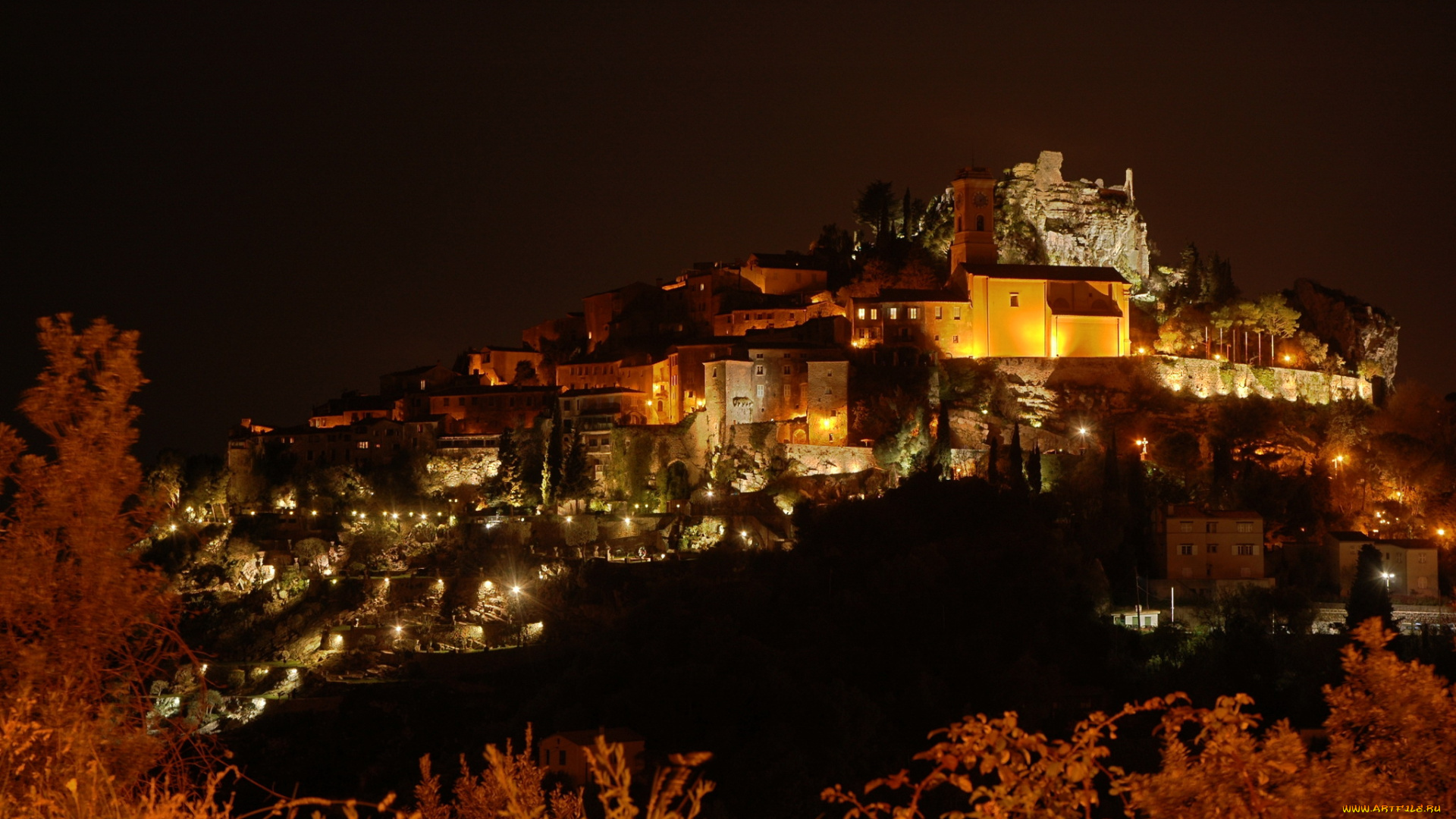 остров, port, cros, france, города, огни, ночного, дома, горы, ночь