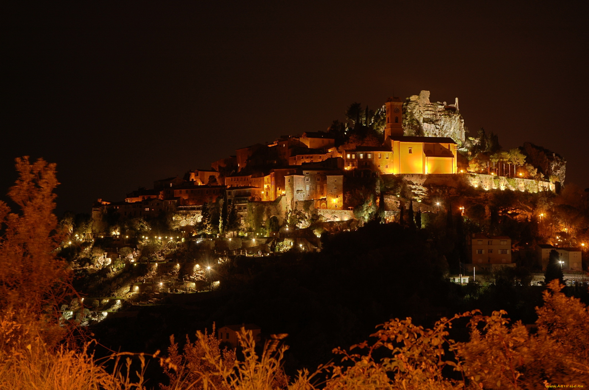 остров, port, cros, france, города, огни, ночного, дома, горы, ночь