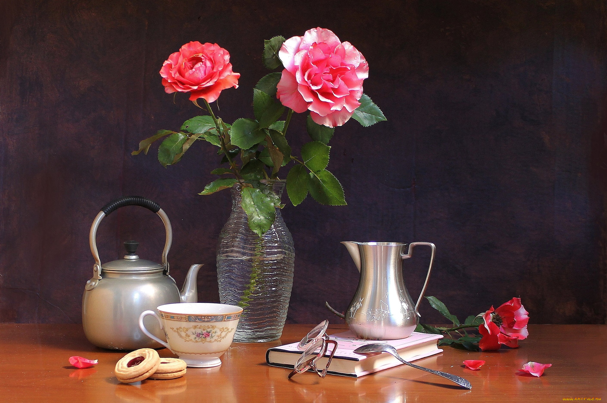 цветы, розы, очки, чайник, печенье