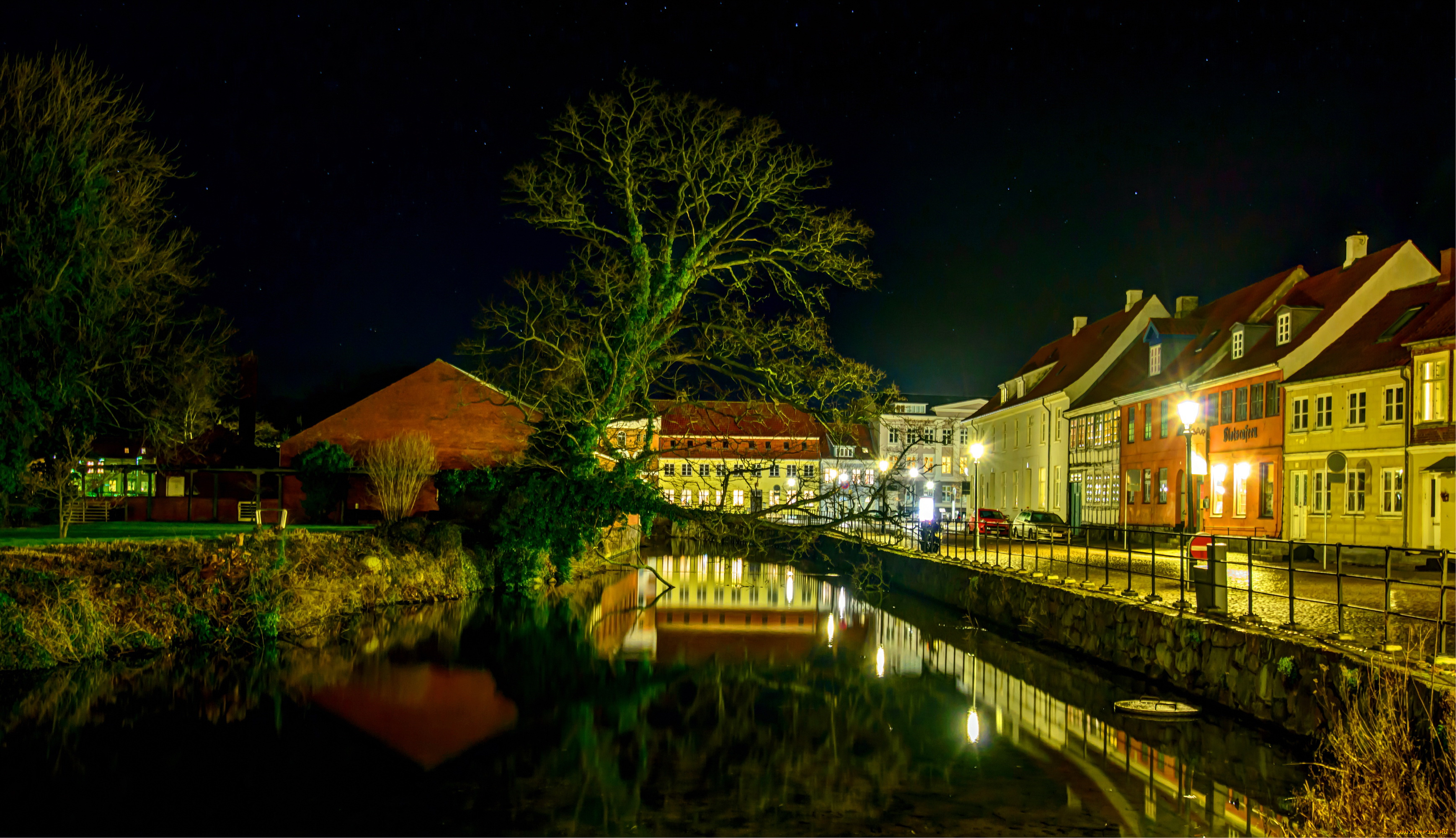 nyborg, дания, города, -, огни, ночного, города, дома, дания, nyborg, река, ночь, огни