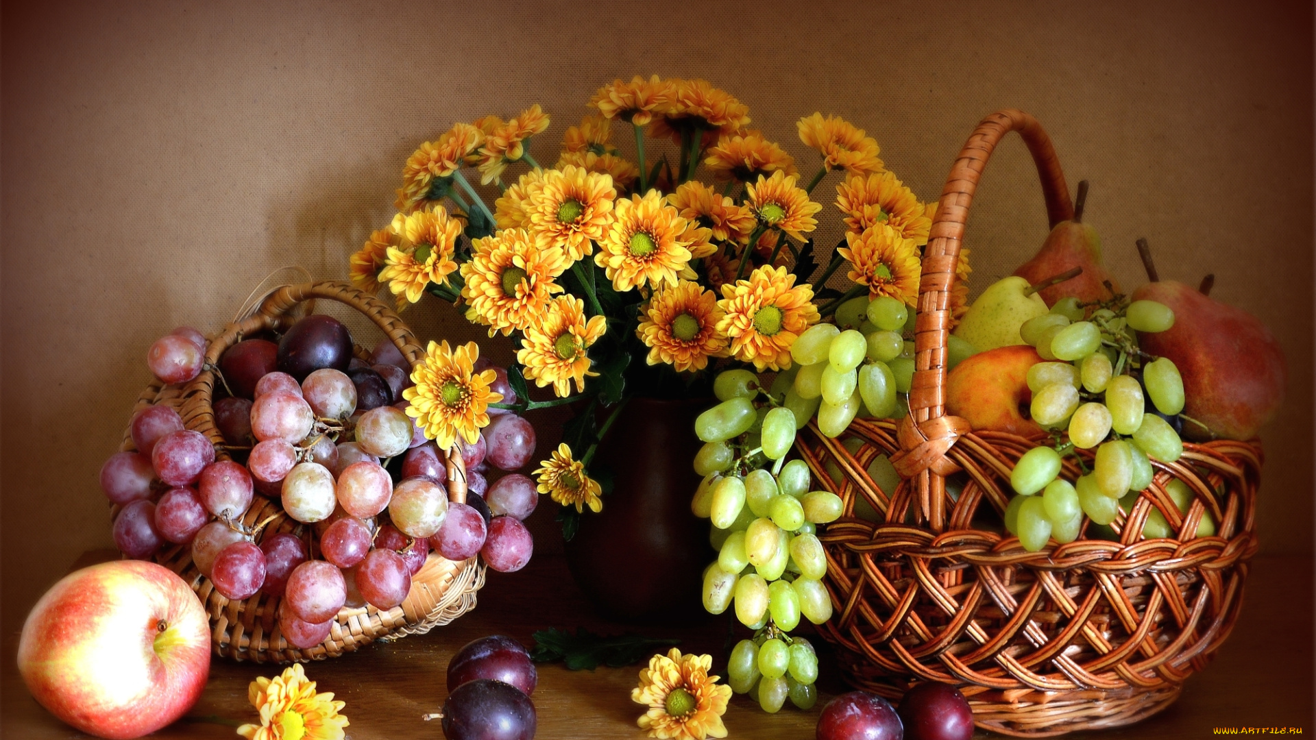 еда, фрукты, , ягоды, виноград, груша, яблоко, хризантемы, цветы, натюрморт, слива