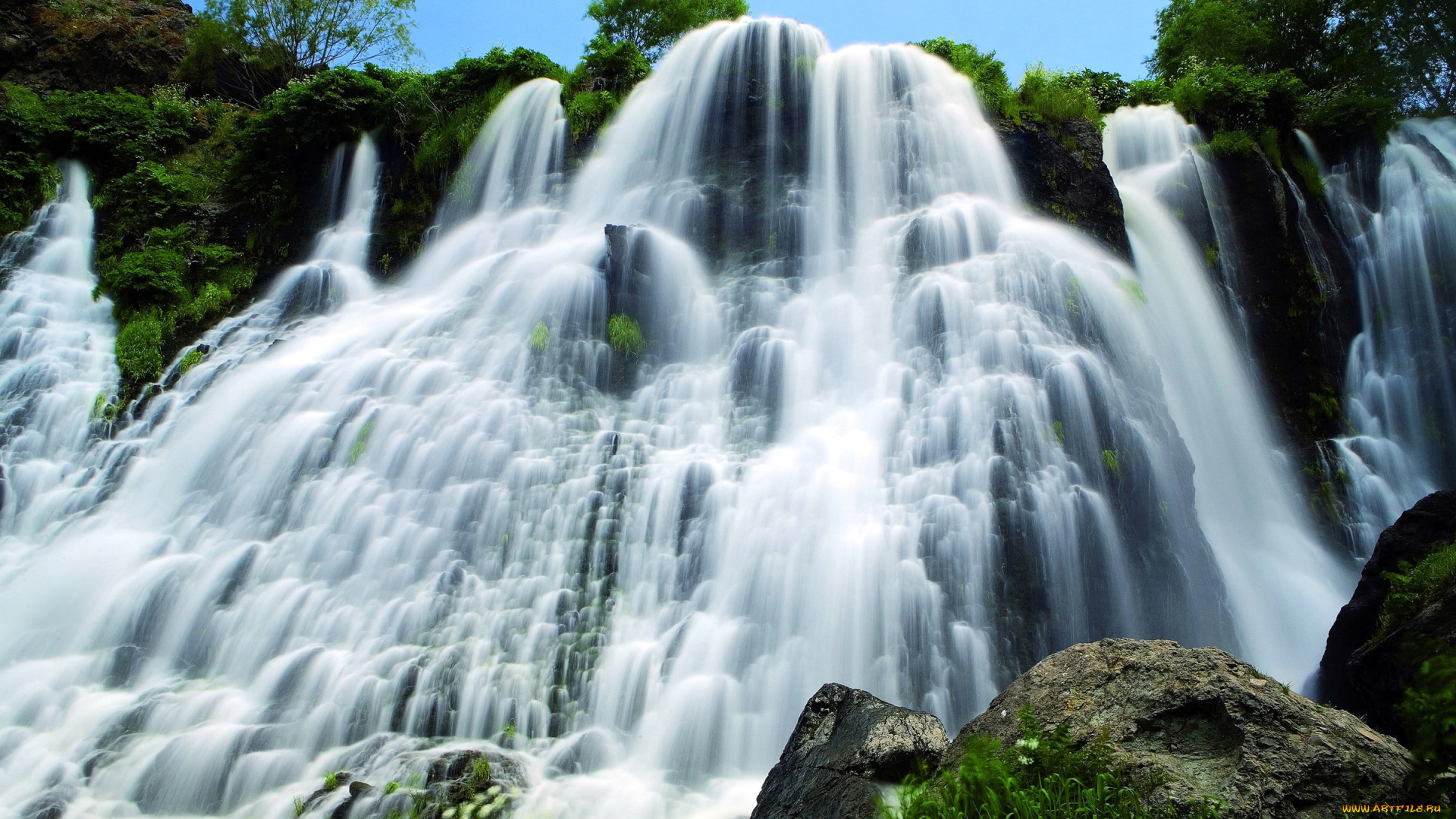 природа, водопады, shaki, armenia, водопад, поток, камни, кусты