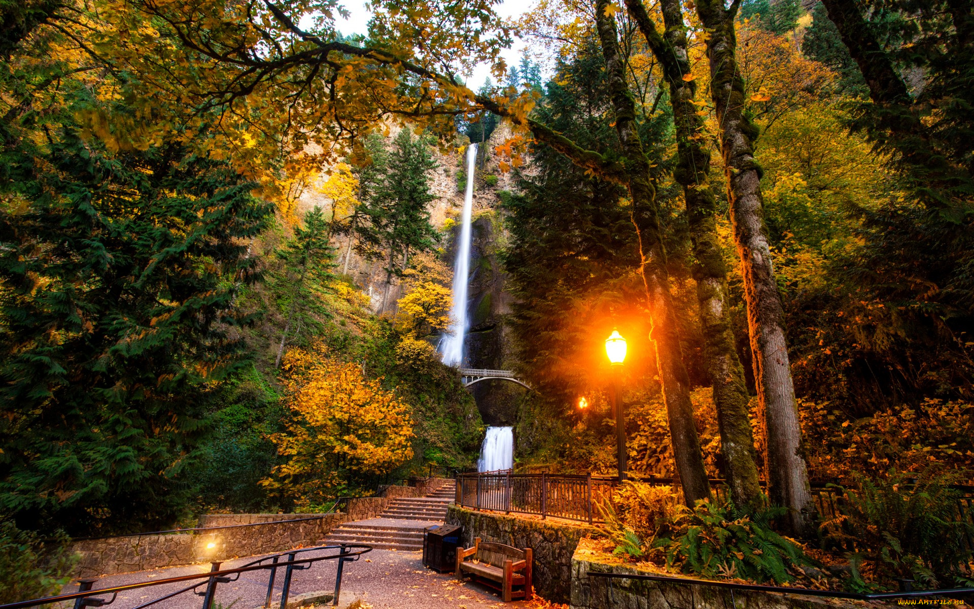 природа, парк, сша, multnomah, falls, oregon, скала, водопад, мост, осень, деревья, огни, фонари, скамейка