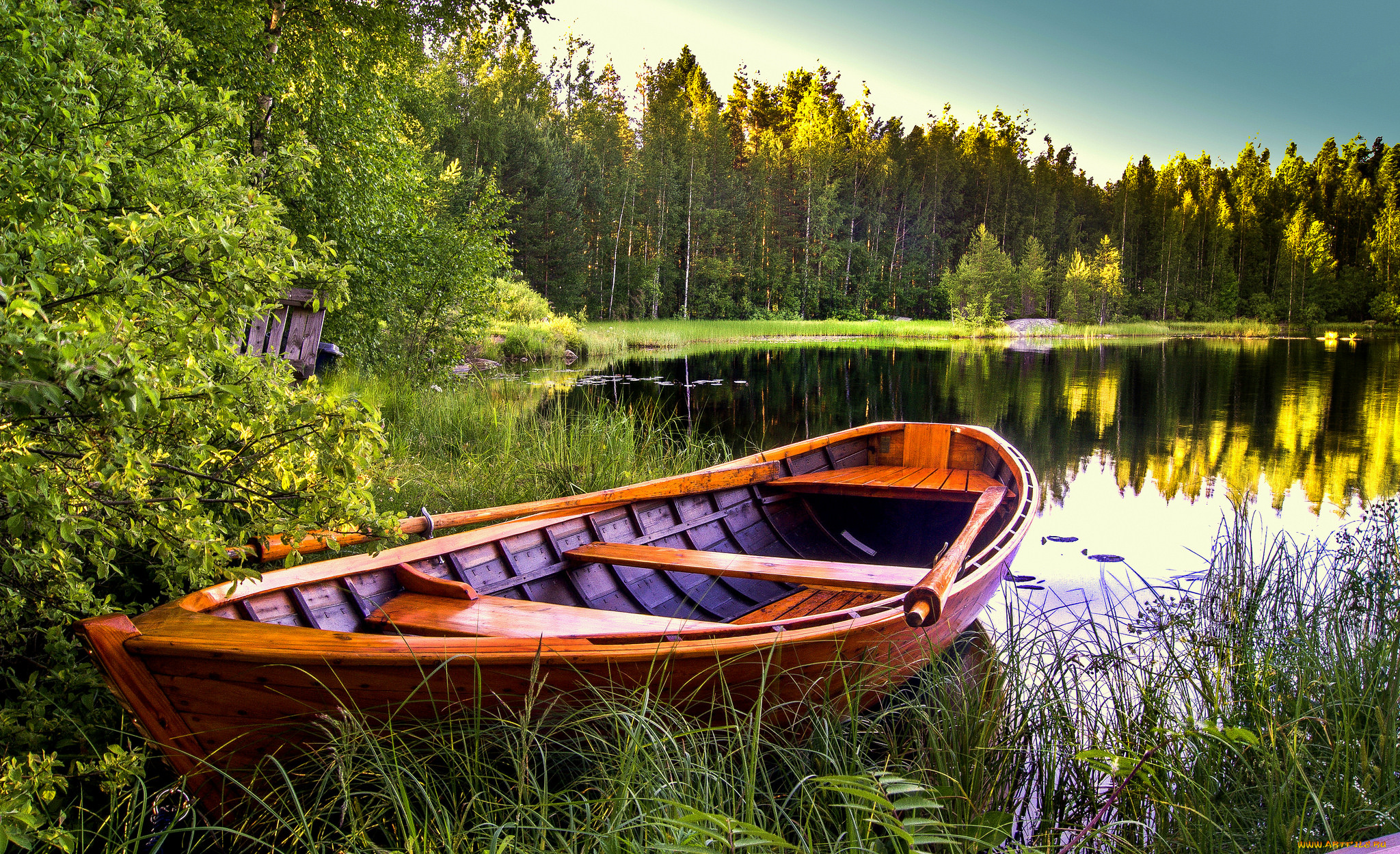 лодка озеро деревья лес скачать