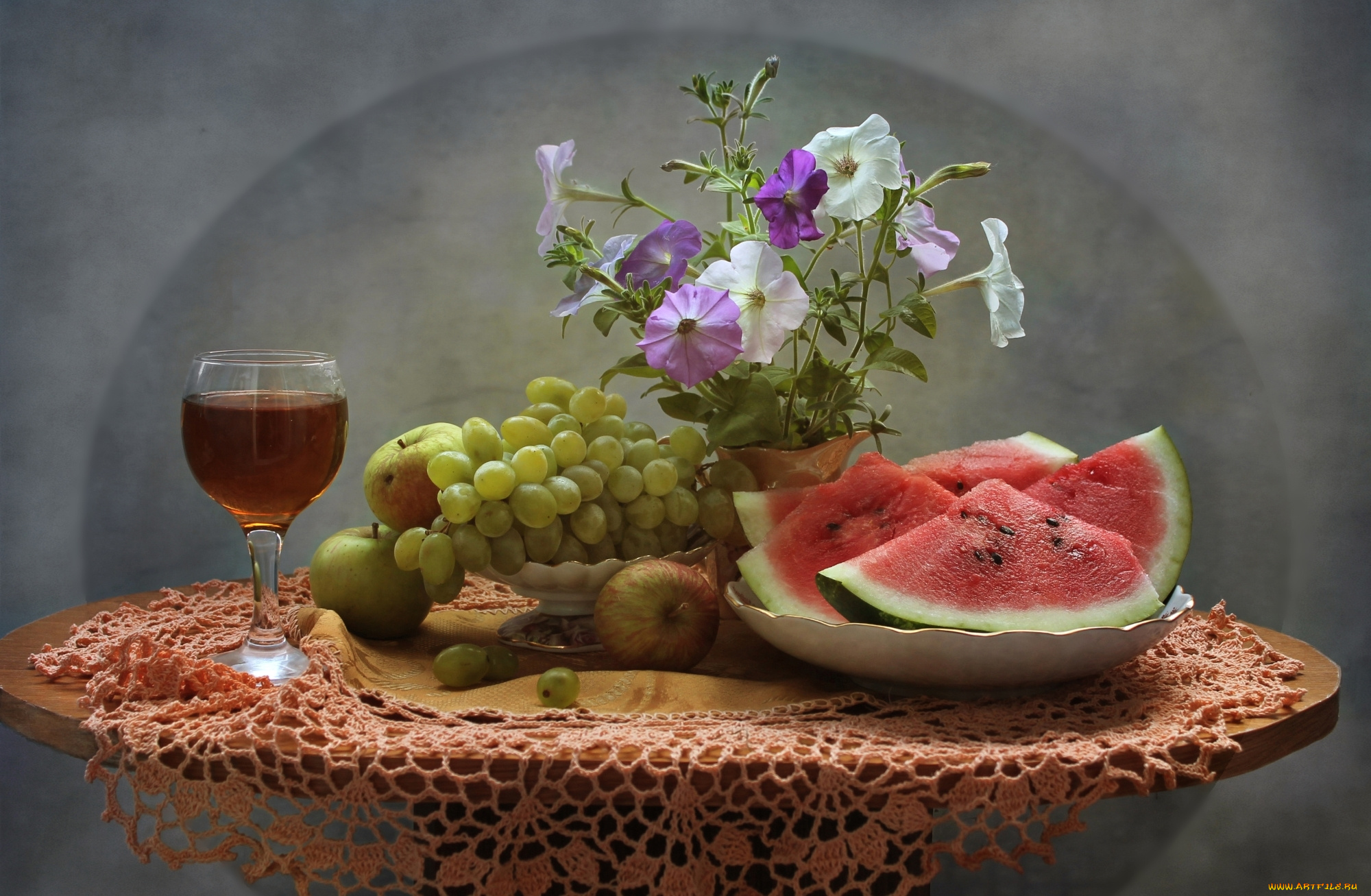 еда, натюрморт, цветы, виноград, арбуз, вино