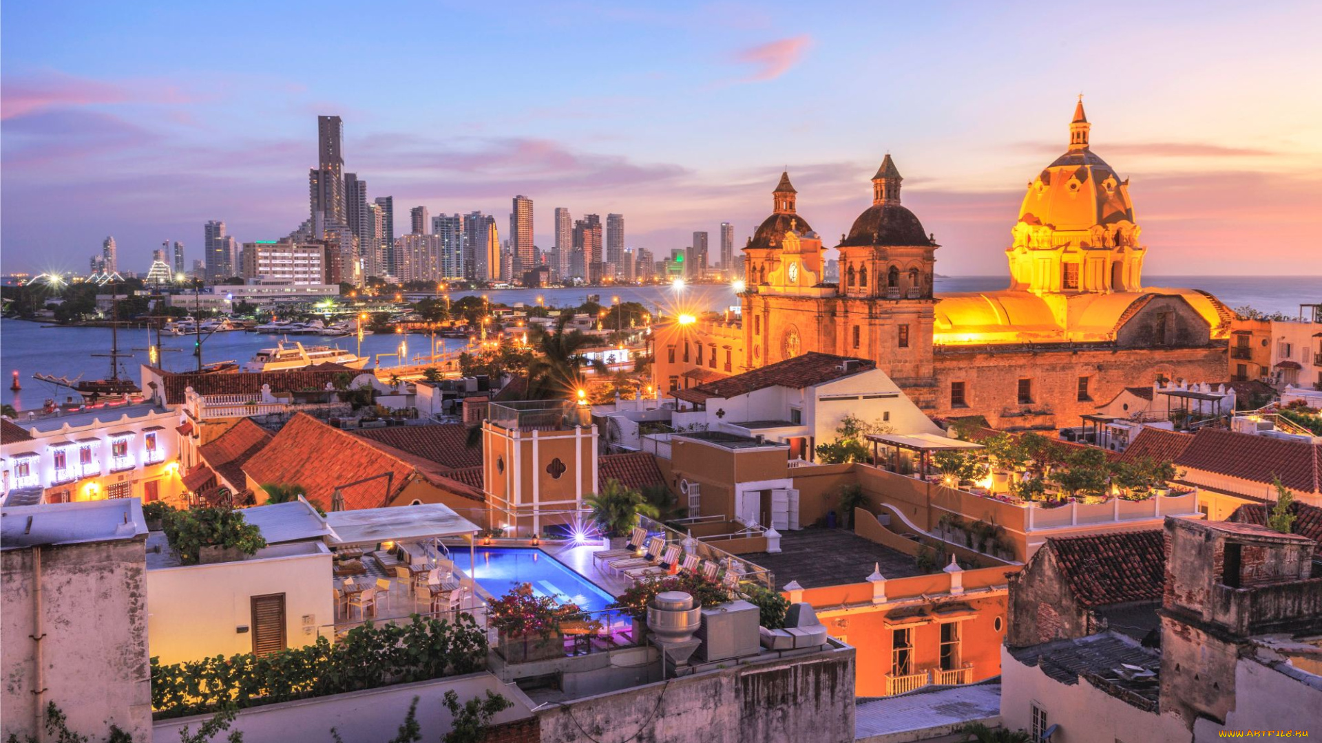 cartagena, , colombia, города, -, панорамы, город, здания, огни, закат