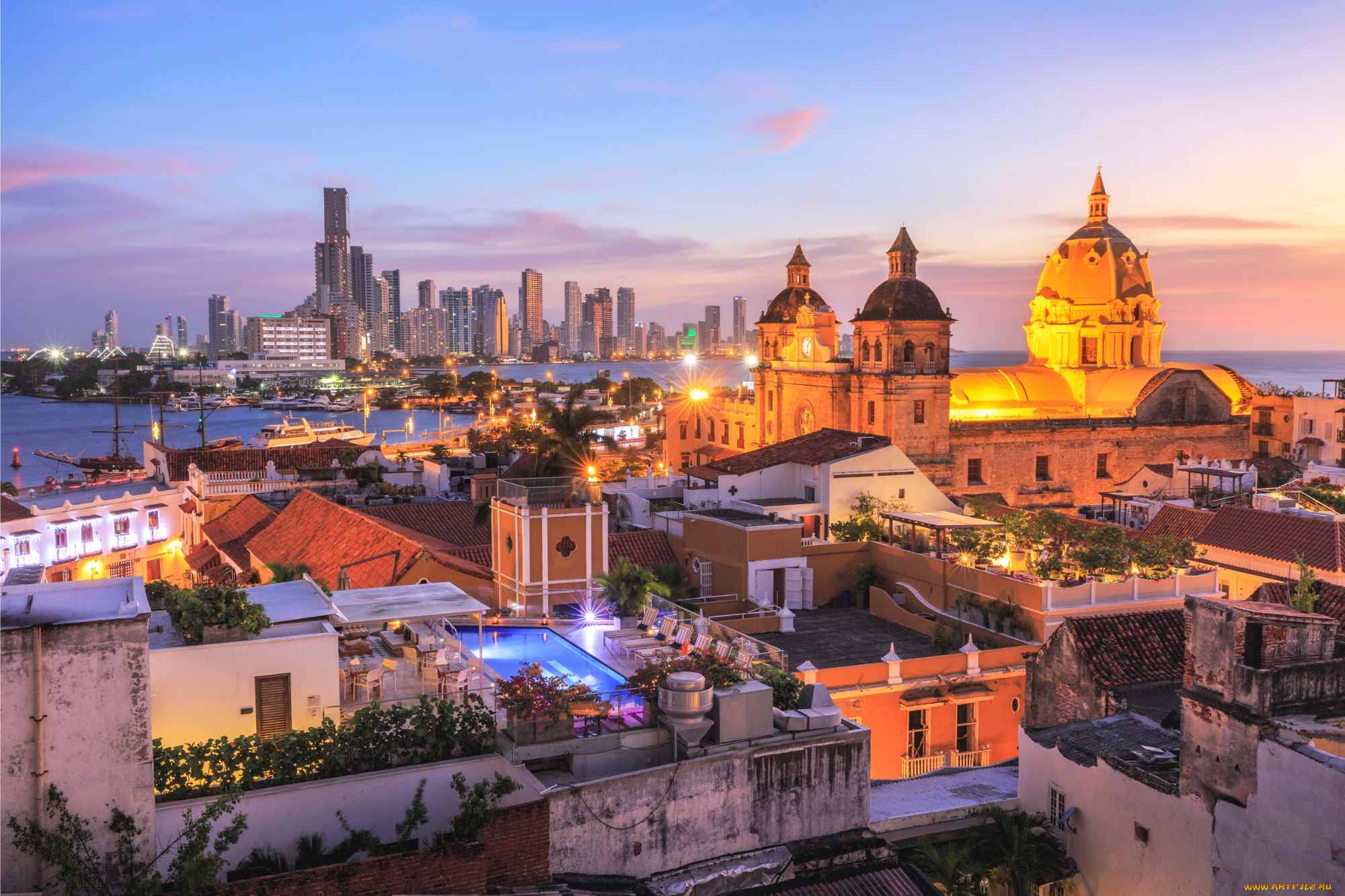 cartagena, , colombia, города, -, панорамы, город, здания, огни, закат