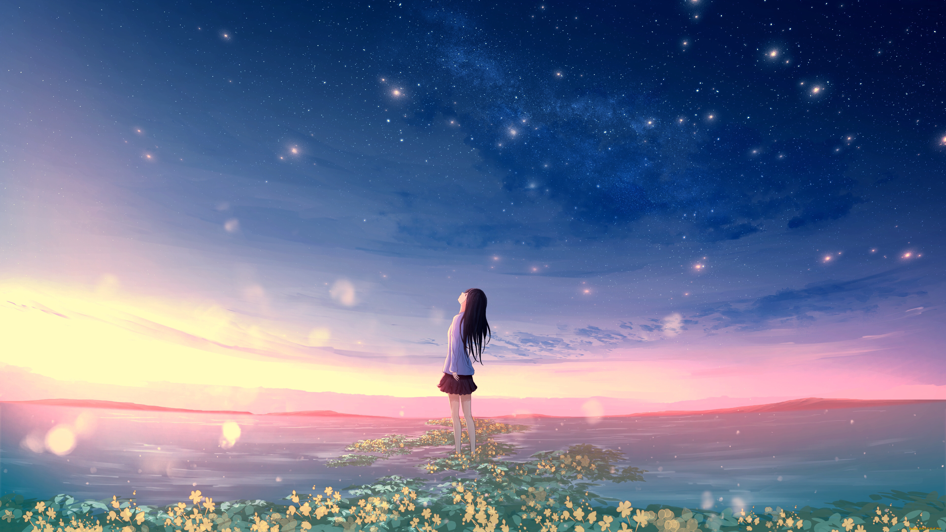 аниме, пейзажи, , природа, девушка, небо, звезды, цветы
