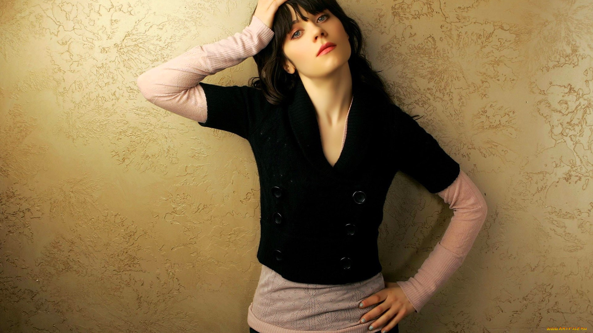 девушки, zooey, deschanel, шатенка, свитер, стена