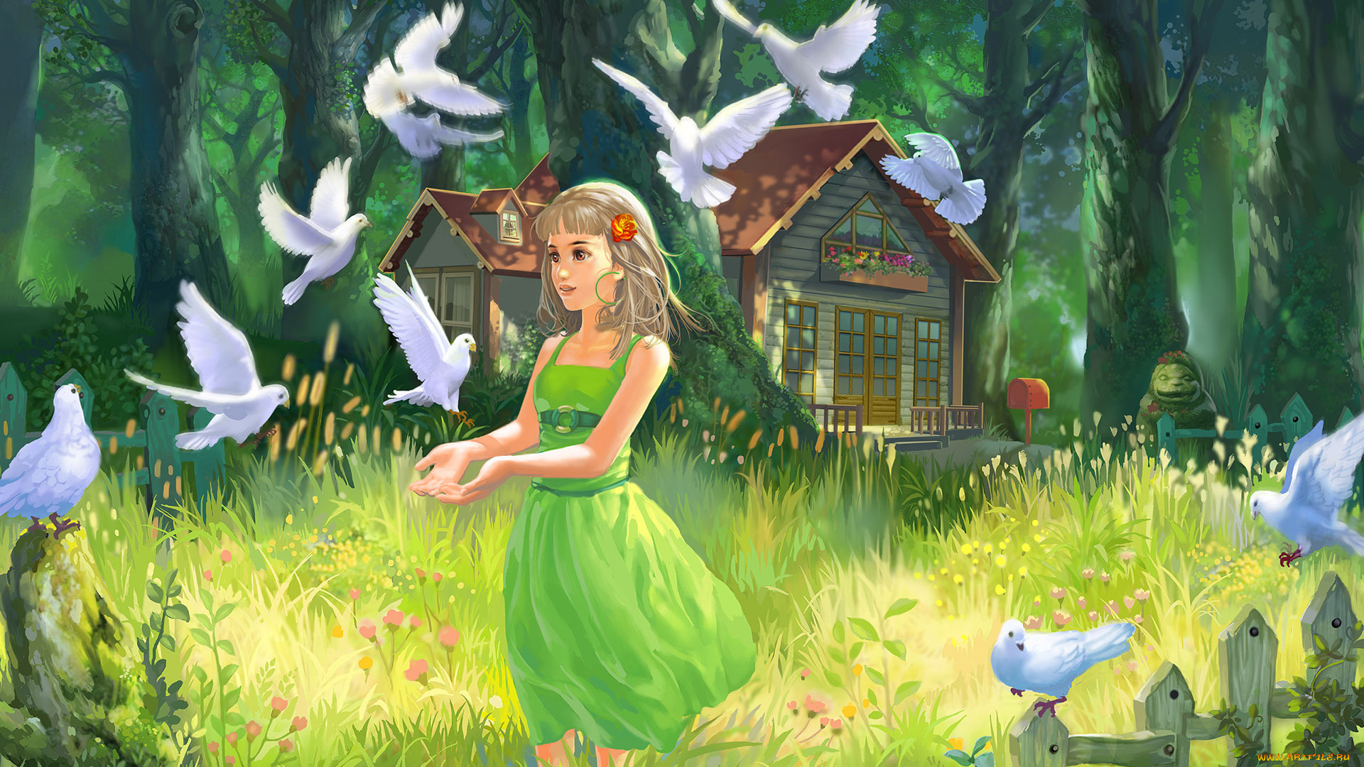 рисованные, дети, домик, голуби, девочка, нарисованно, деревья, травка