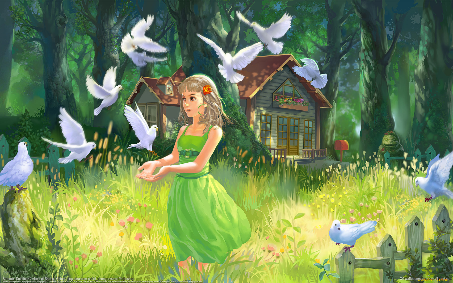 рисованные, дети, домик, голуби, девочка, нарисованно, деревья, травка