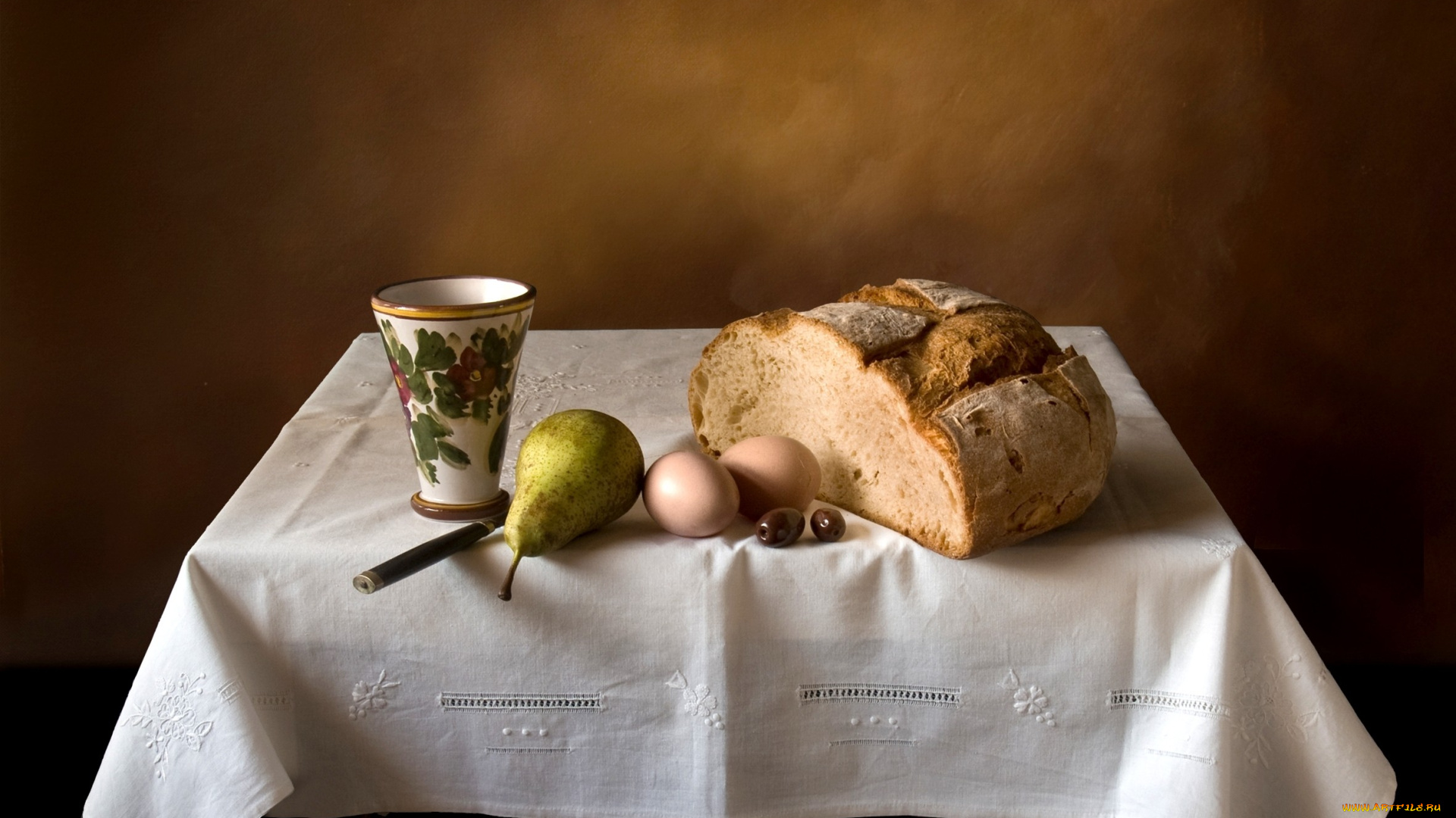 еда, натюрморт, хлеб, груша, чашка, яйца, оливки