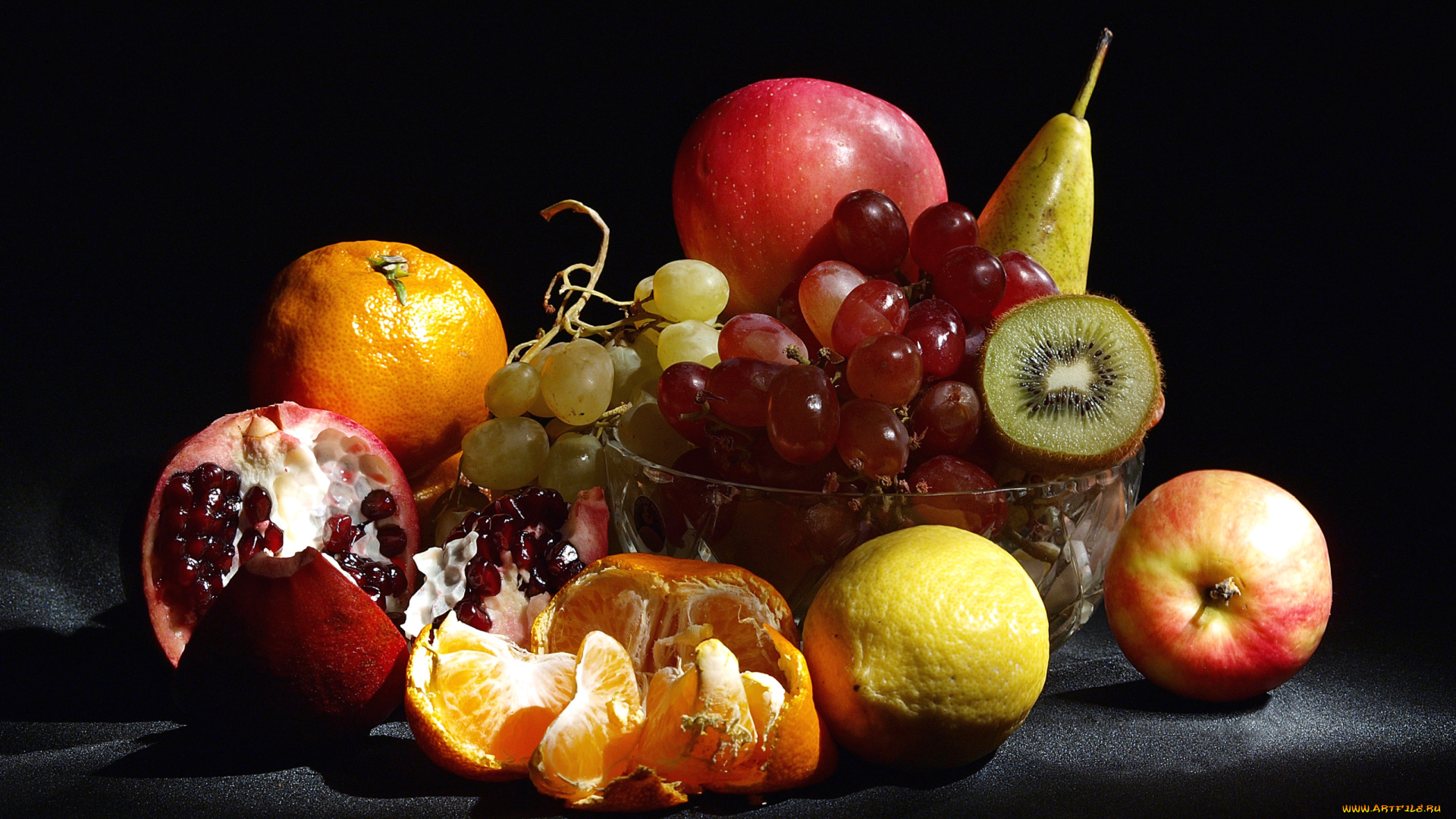 еда, фрукты, ягоды, лимон, мандарин, виноград, яблоко, груша, гранат