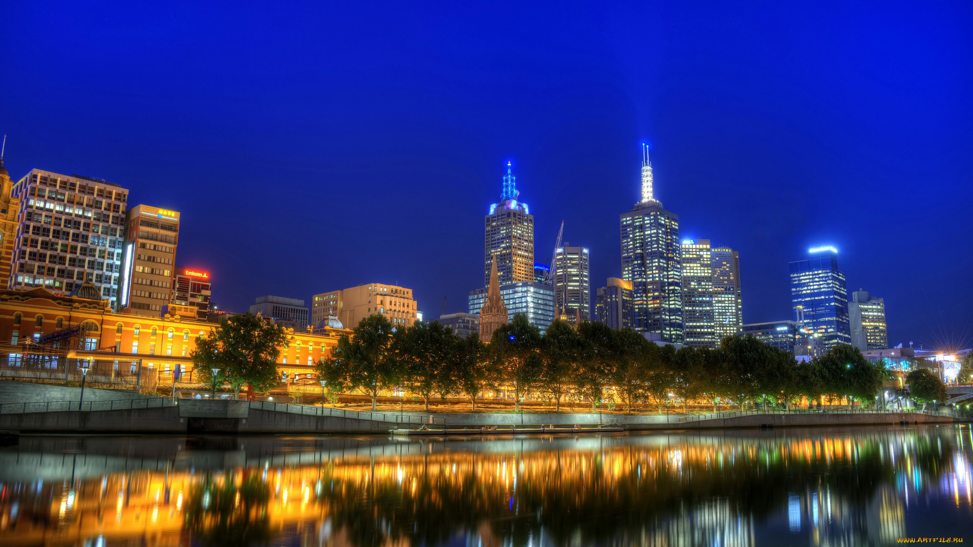 мельбурн, австралия, города, огни, ночного, река, ночь, дома