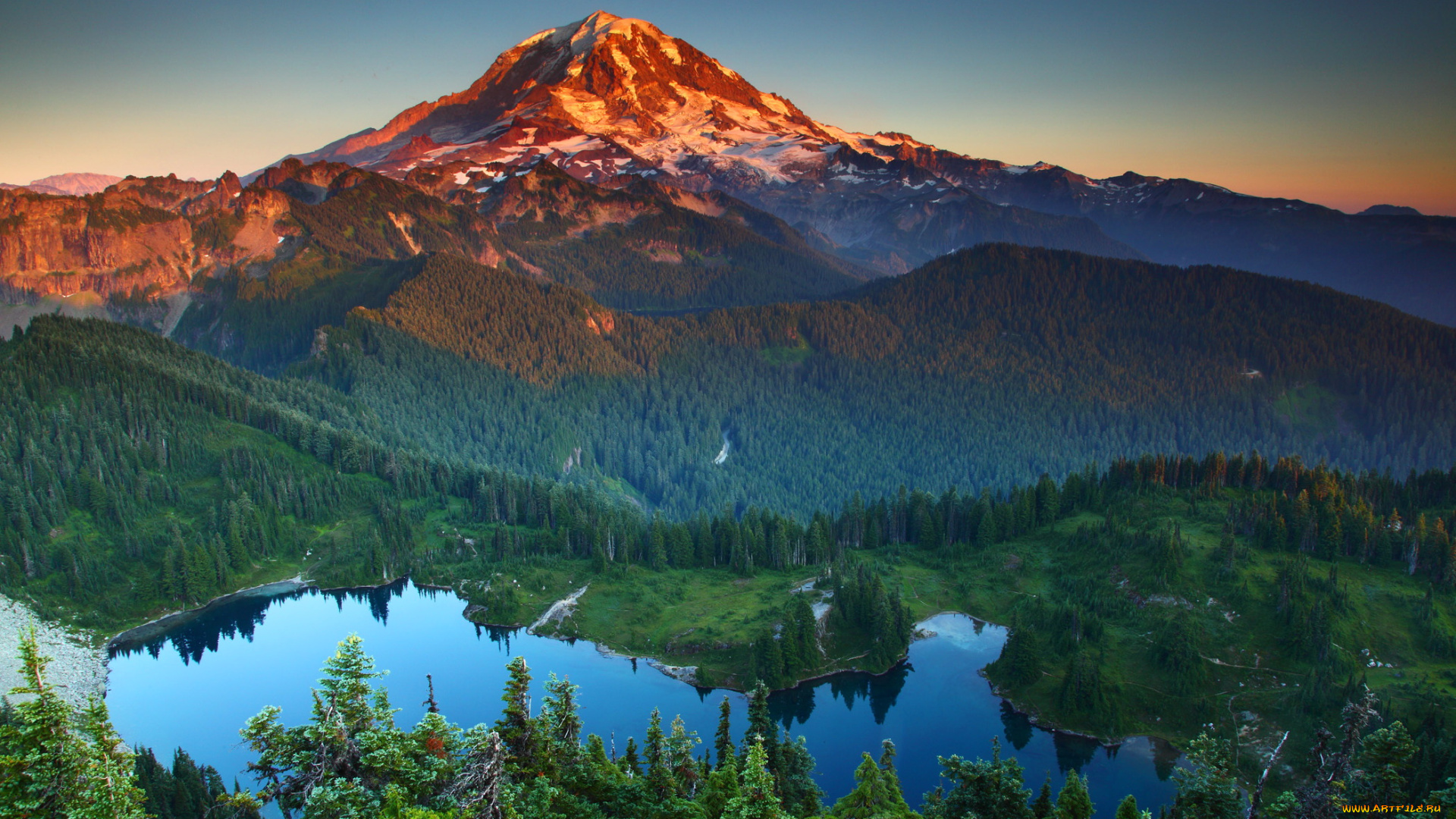 mt, rainier, national, park, washington, природа, горы, озеро, деревья