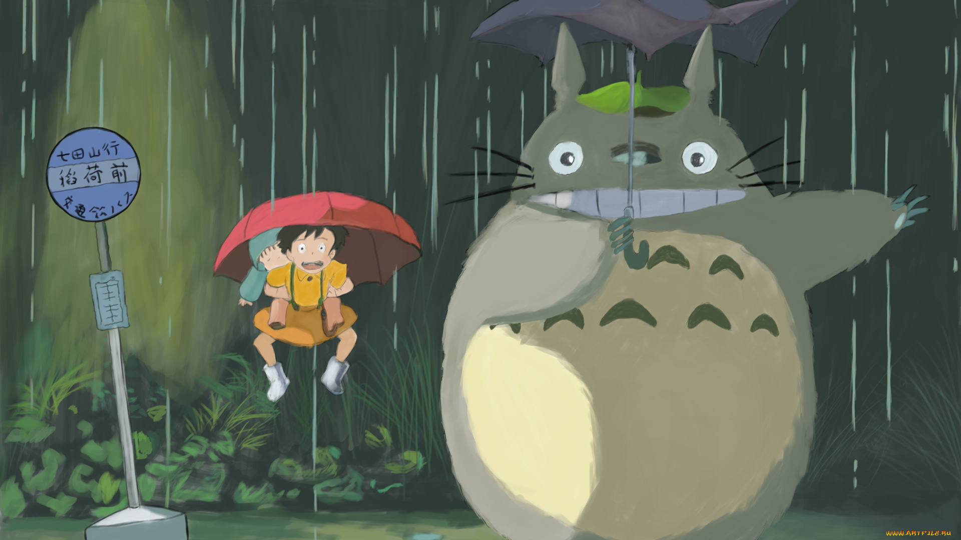 tonari, no, totoro, аниме, *unknown, другое, остановка, дождь, зонты