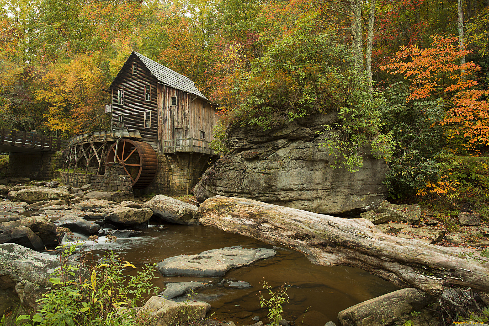 glade, creek, grist, mill, babcock, state, park, west, virginia, природа, реки, озера, мельница, осень, лес, речка