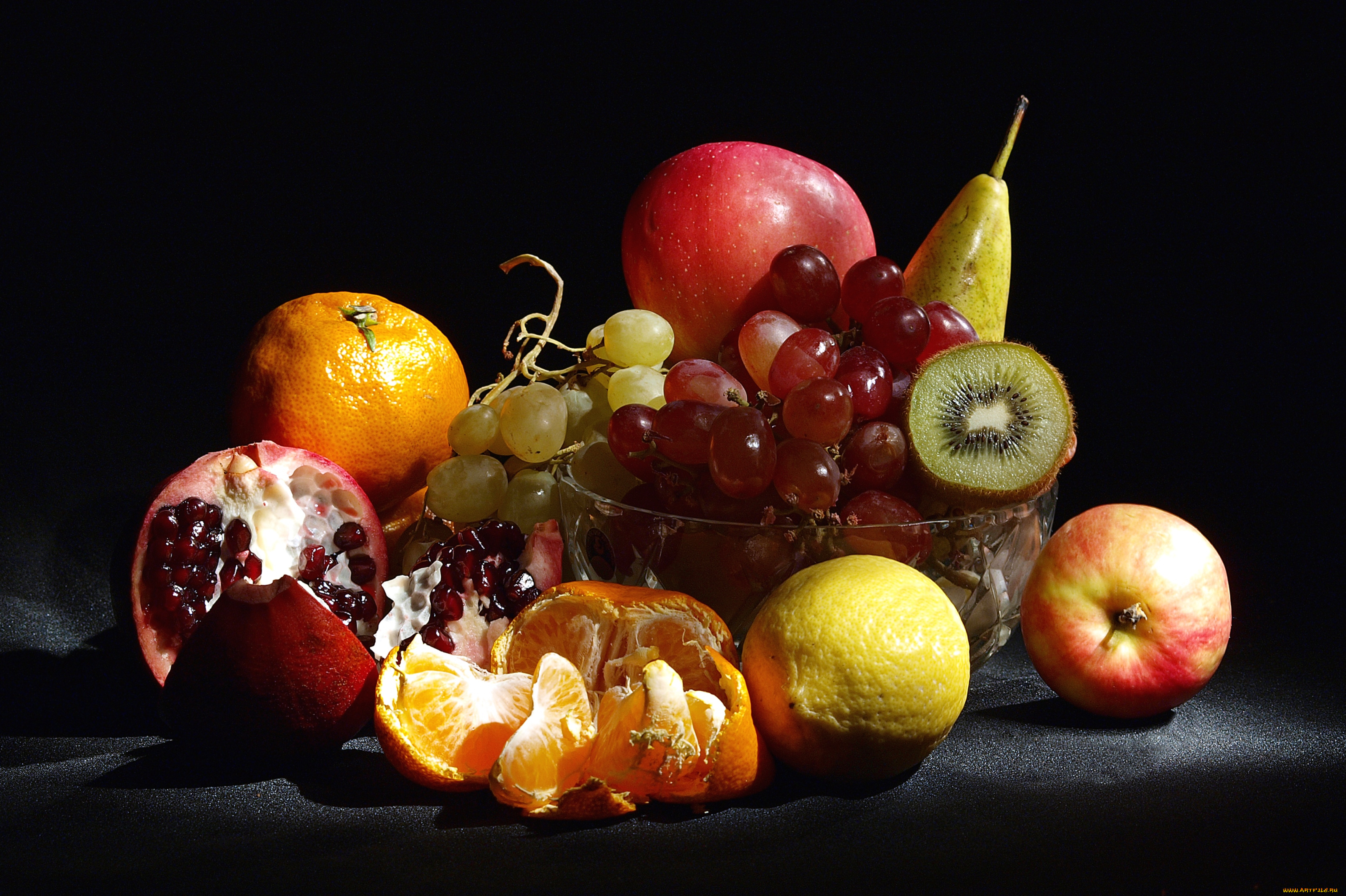 еда, фрукты, ягоды, лимон, мандарин, виноград, яблоко, груша, гранат