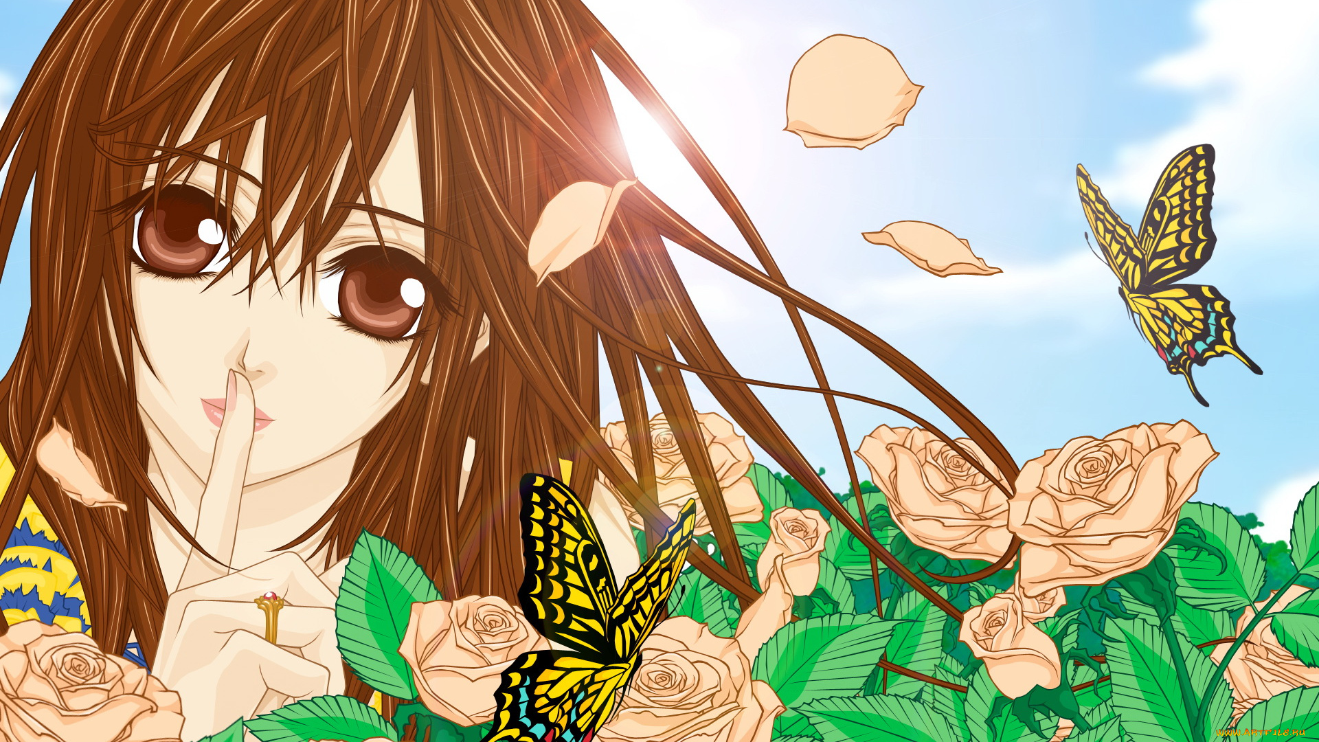 аниме, vampire, knight, yuuki, cross, девушка, небо, солнце, бабочки, цветы, лепестки, листья, секрет, cilou