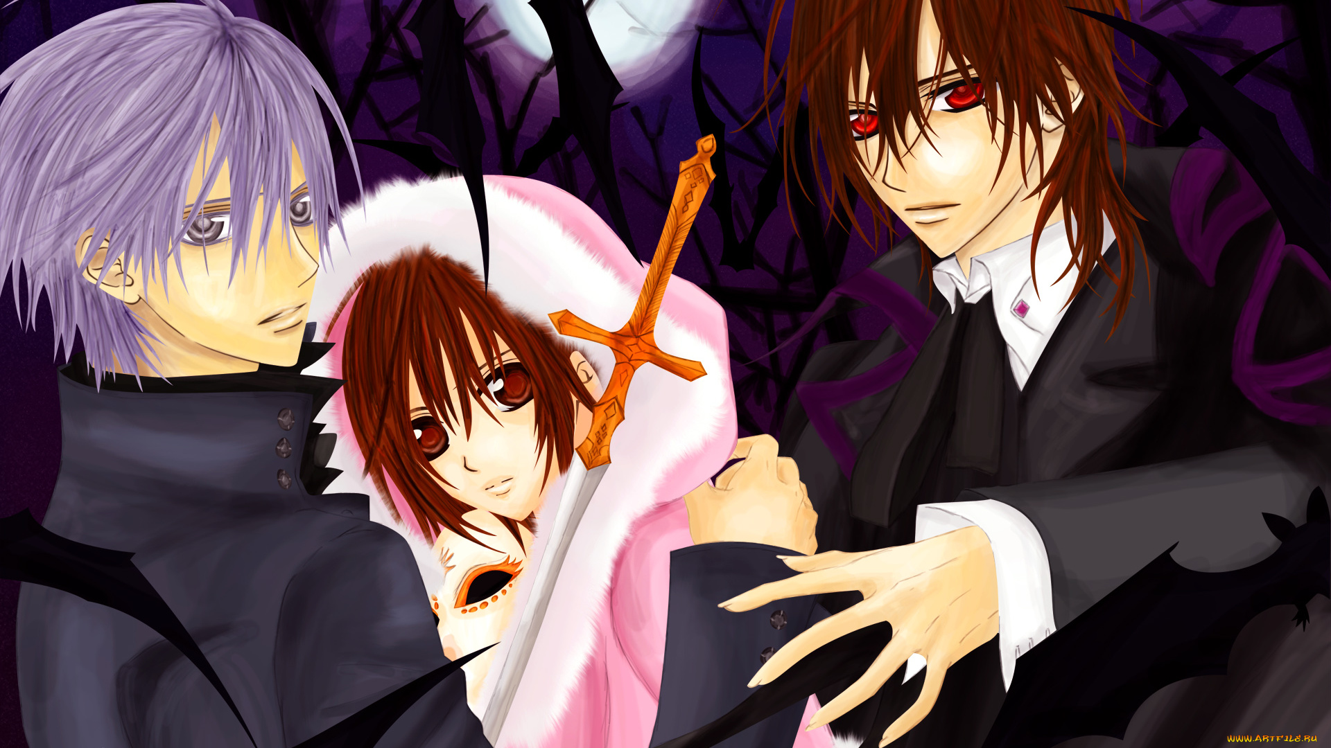 аниме, vampire, knight, yuuki, cross, kiryu, zero, kuran, kaname, девушка, мужчины, ночь, луна, деревья, меч