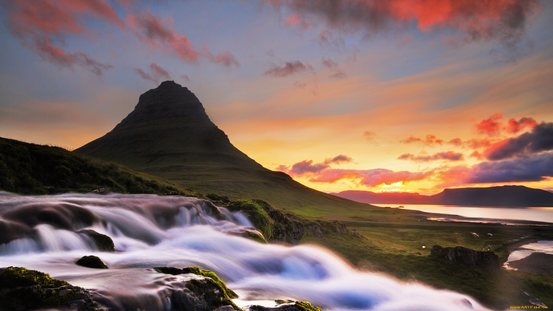 природа, восходы, закаты, водопад, река, гора, исландия, облака, kirkjufel, iceland, утро, рассвет