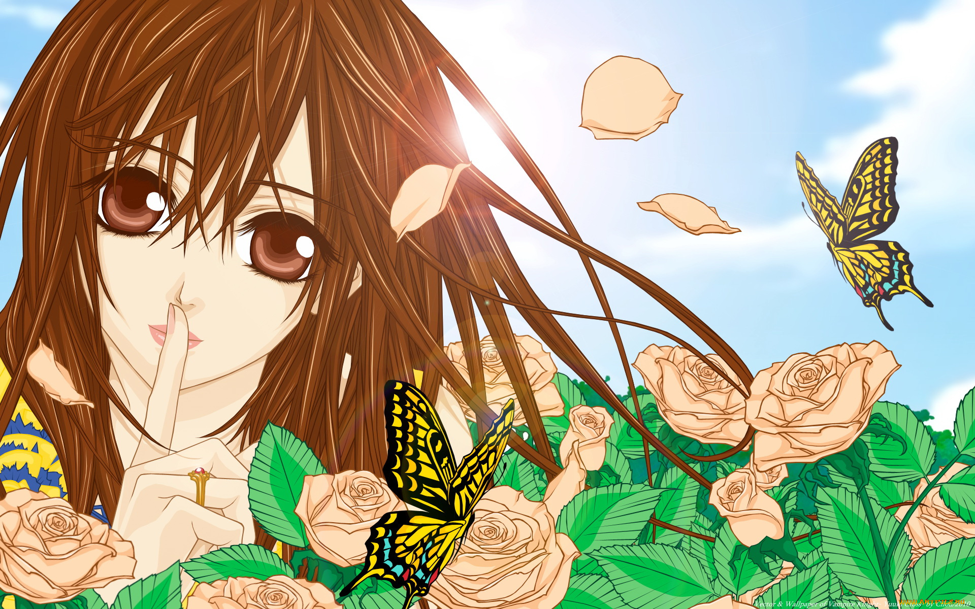 аниме, vampire, knight, yuuki, cross, девушка, небо, солнце, бабочки, цветы, лепестки, листья, секрет, cilou