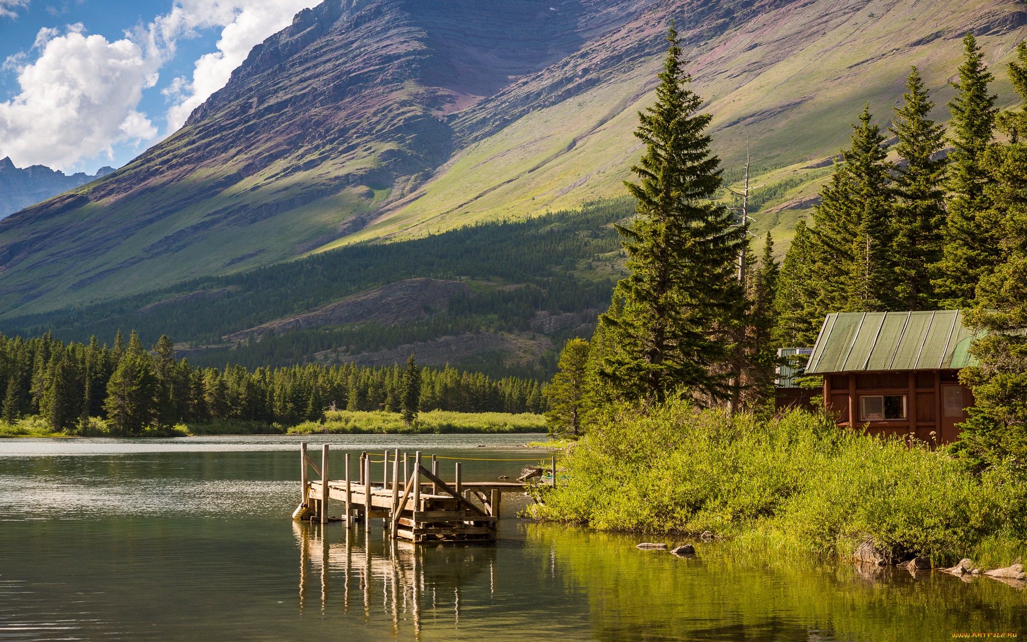 природа, пейзажи, glacier, national, park, hike, lake, мостик, домик, деревья, озеро, горы, небо, сша, montana