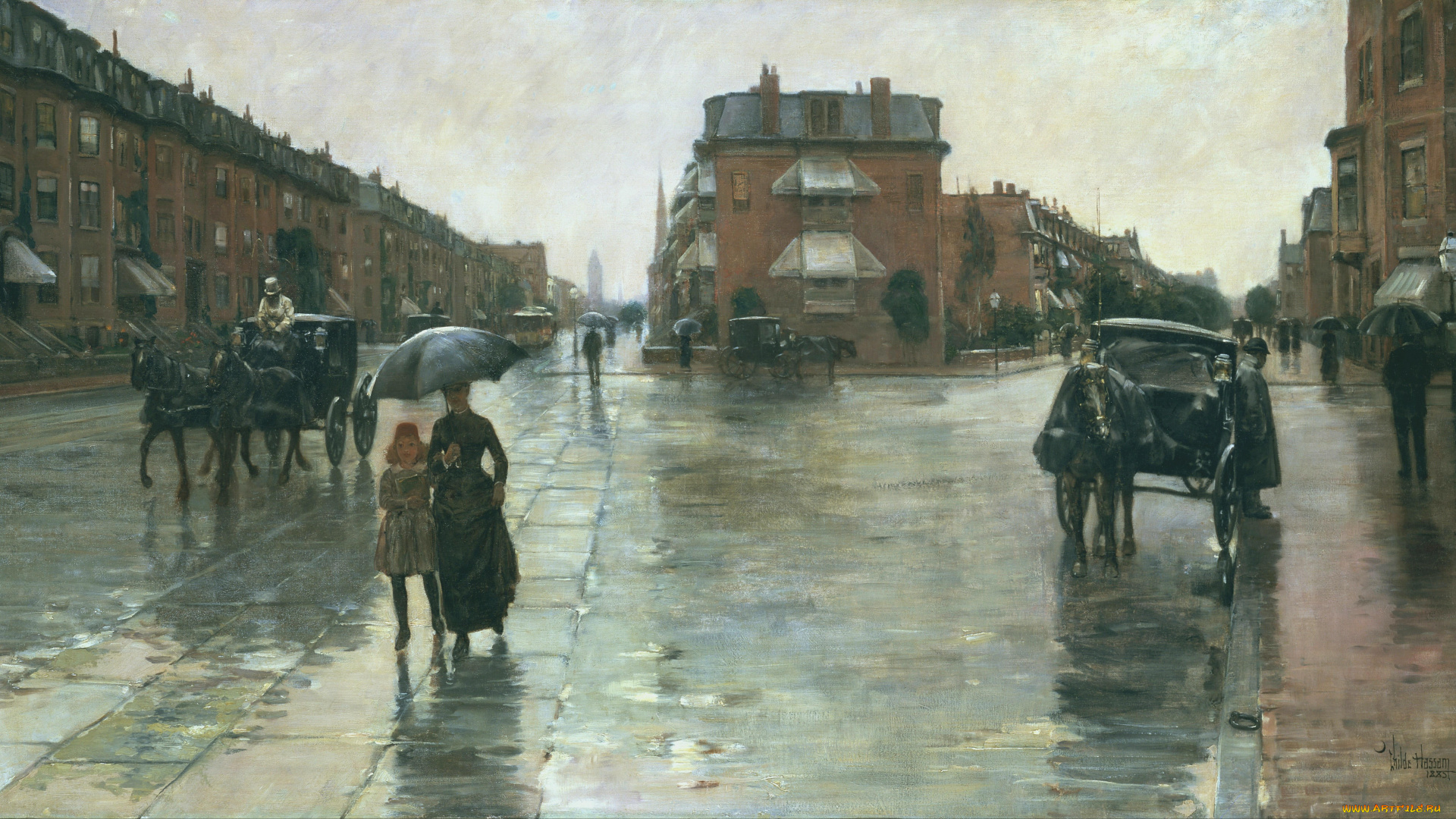 rainy, day, boston, рисованное, frederick, childe, hassam, экипажи, улица, люди, город, здания, дома, дождь