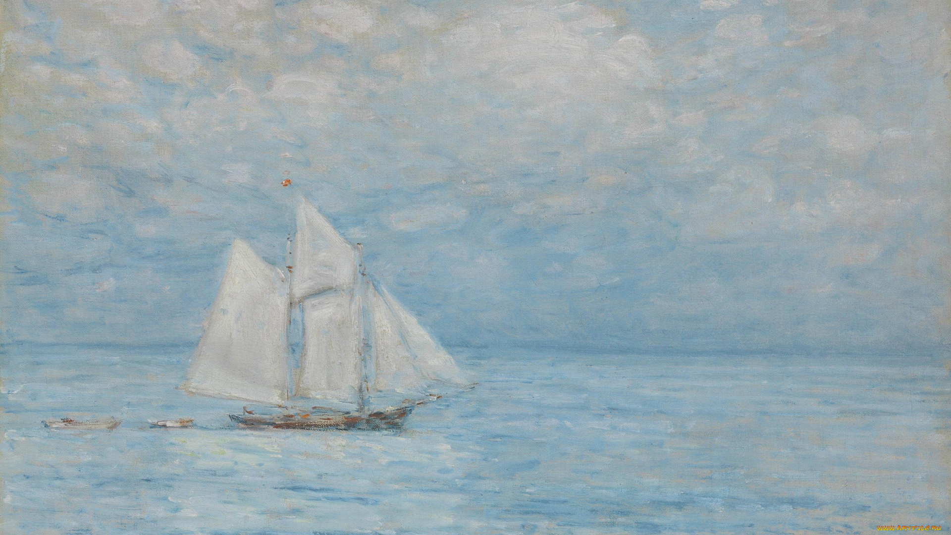 sailing, on, calm, seas, рисованное, frederick, childe, hassam, небо, облака, море, парусник, корабль