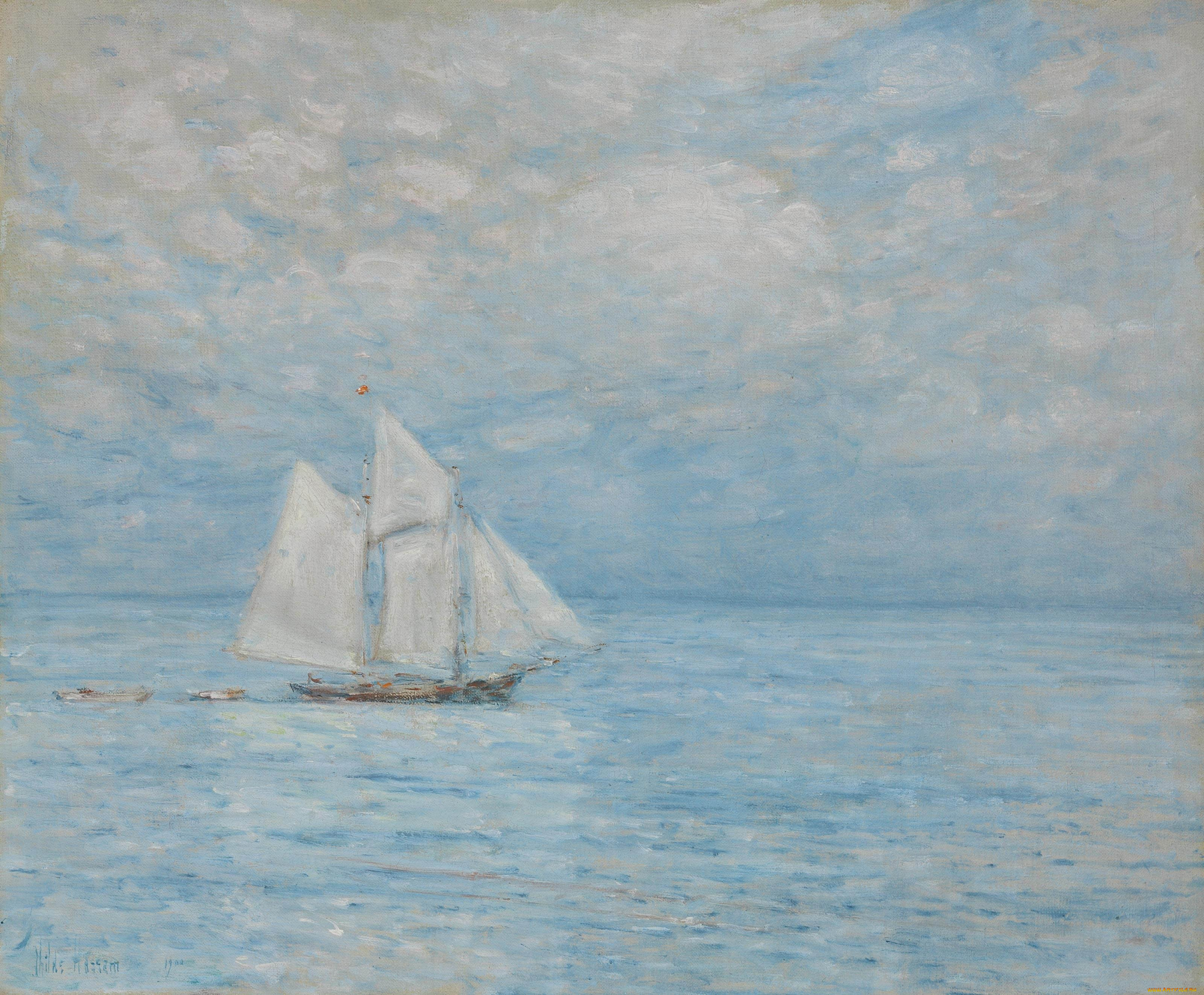 sailing, on, calm, seas, рисованное, frederick, childe, hassam, небо, облака, море, парусник, корабль
