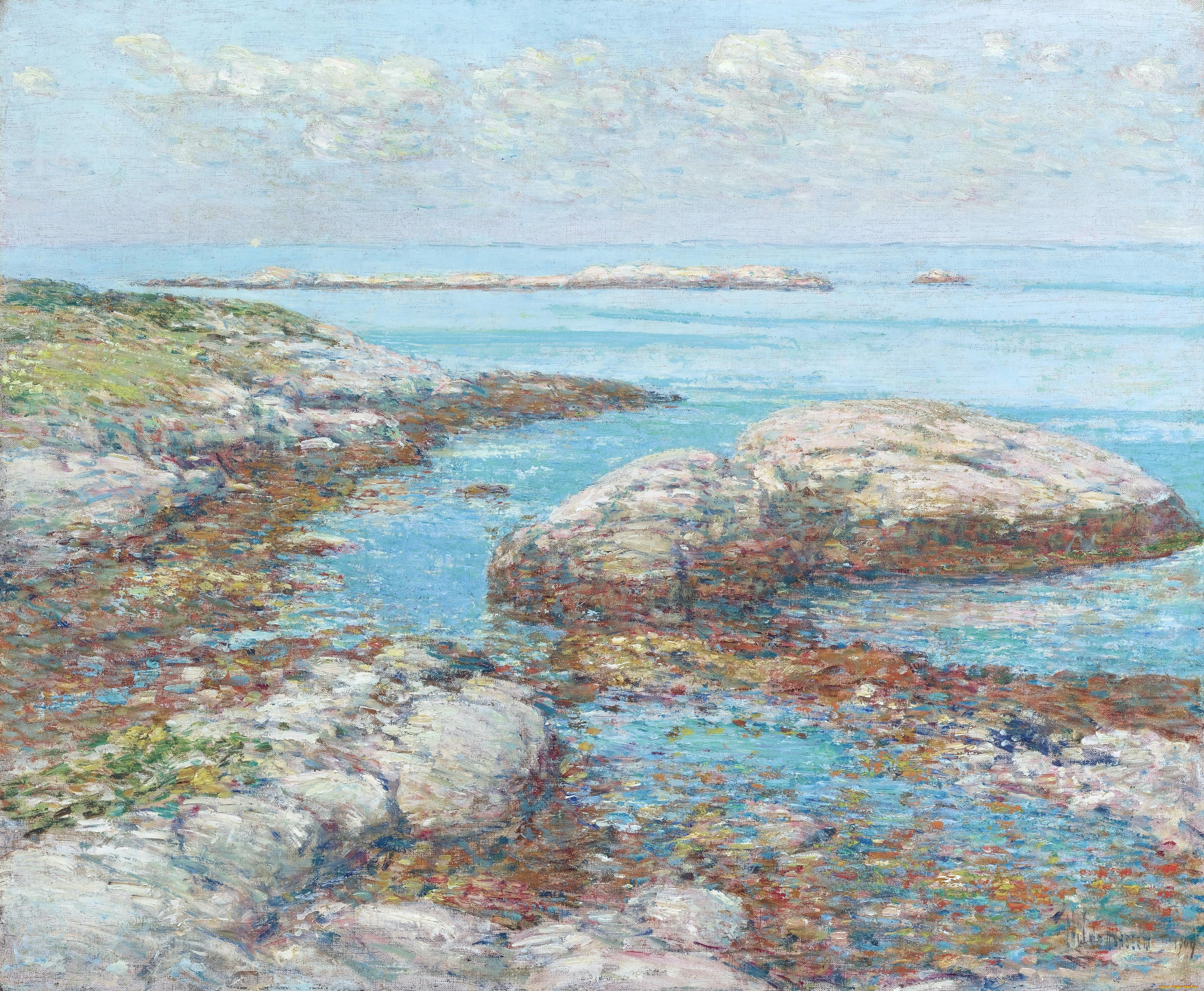 rocks, at, the, appledore, morning, рисованное, frederick, childe, hassam, небо, облака, море, камни, берег