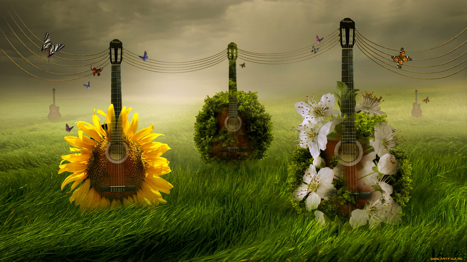 три, гитары, разное, компьютерный, дизайн, guitars, green, grass, foggy, floral, surreal