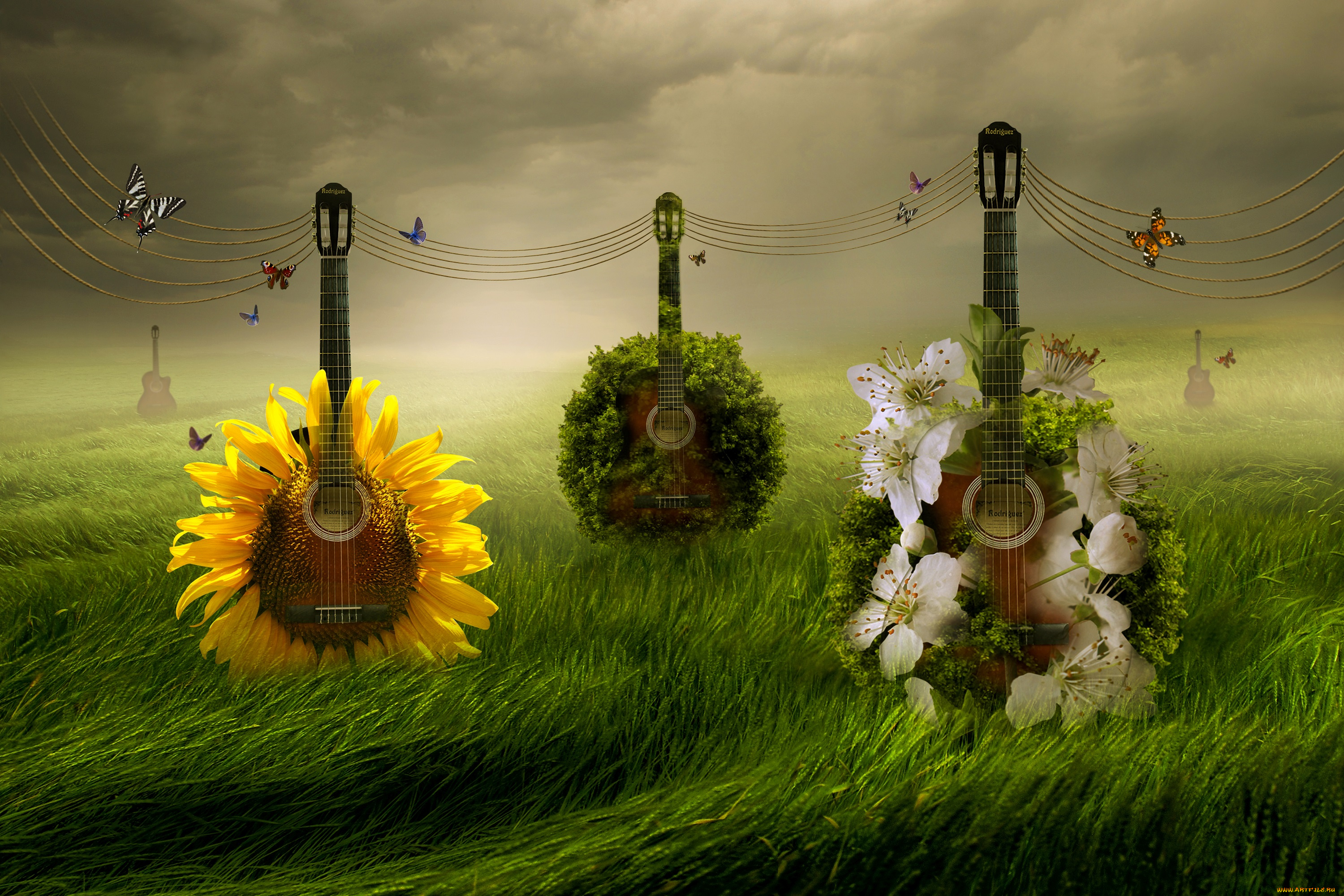 три, гитары, разное, компьютерный, дизайн, guitars, green, grass, foggy, floral, surreal