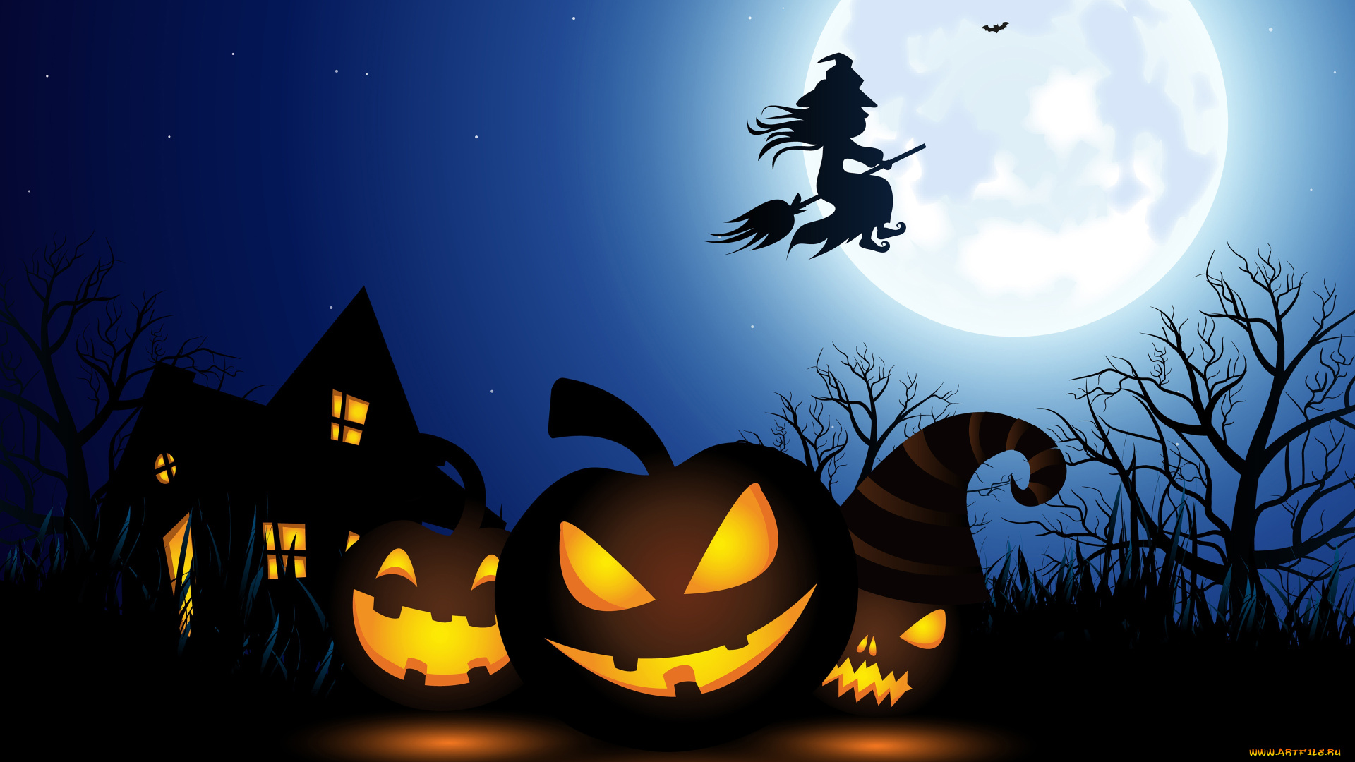 праздничные, хэллоуин, ведьма, метла, луна, тыквы, дом
