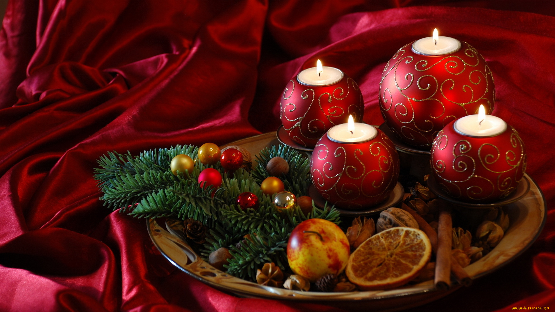 праздничные, новогодние, свечи, поднос, угощение