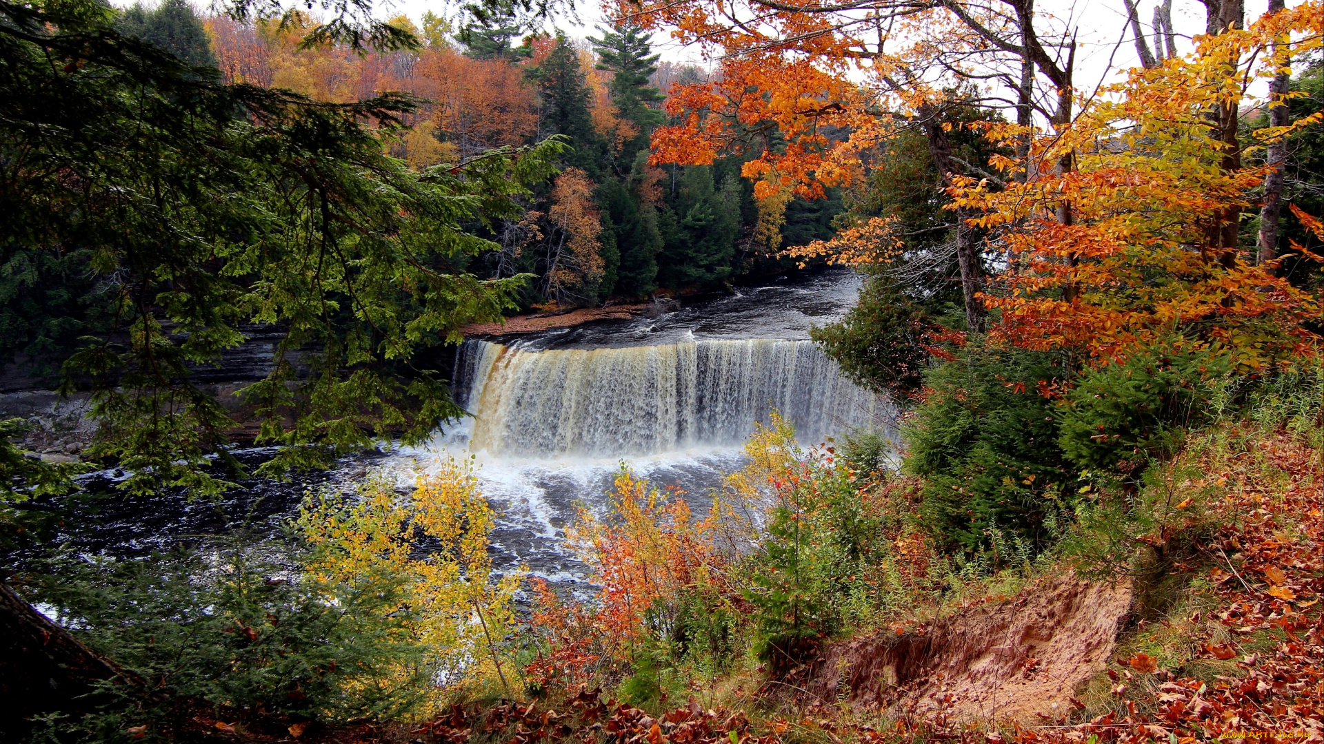 природа, водопады, осень, вода, поток, листья, деревья