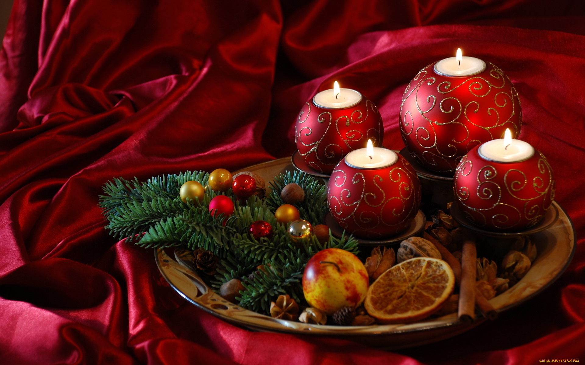 праздничные, новогодние, свечи, поднос, угощение