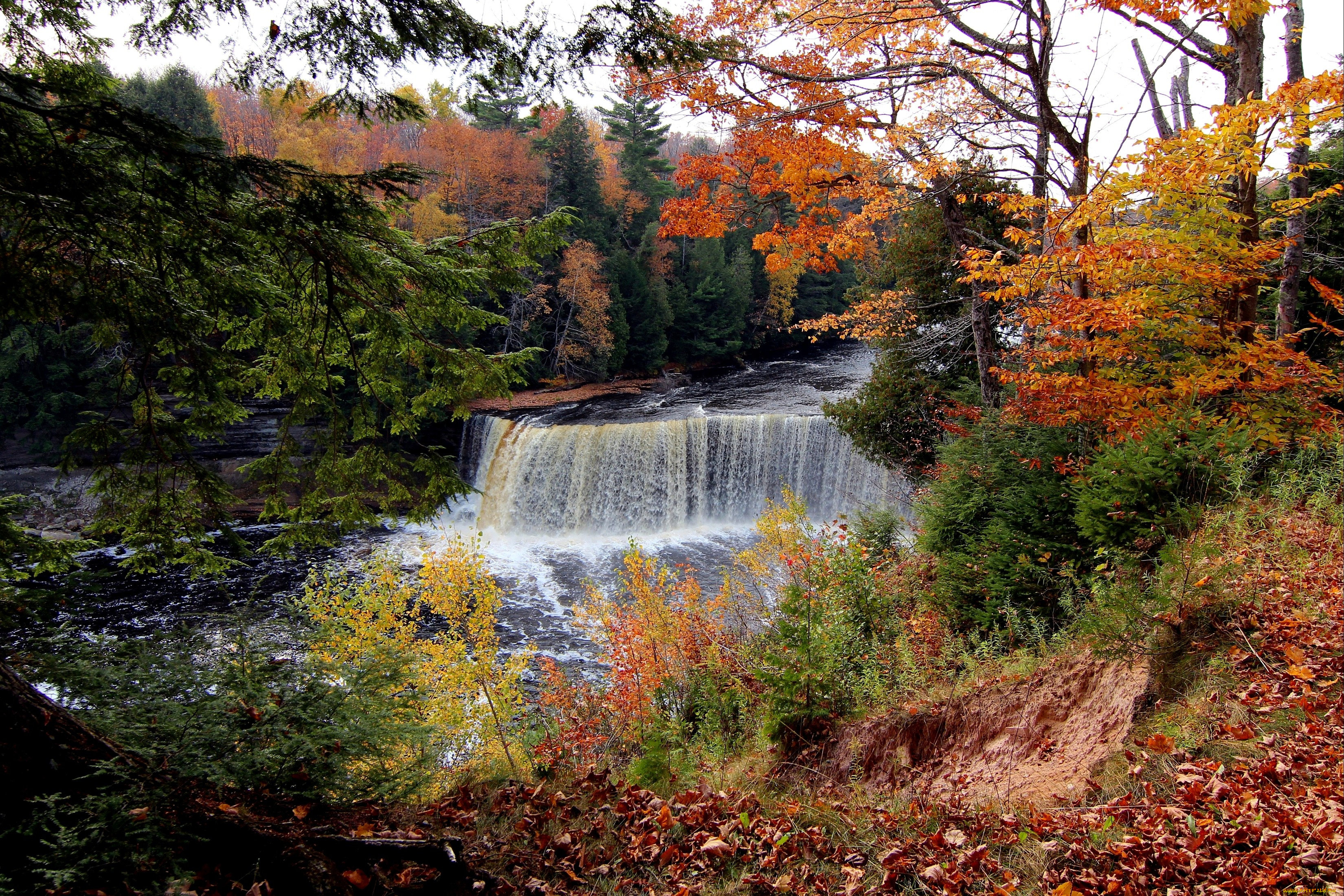 природа, водопады, осень, вода, поток, листья, деревья
