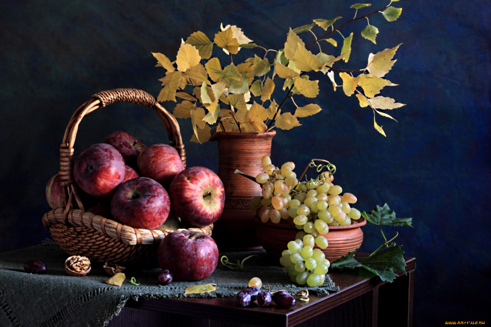 еда, натюрморт, береза, яблоки, виноград