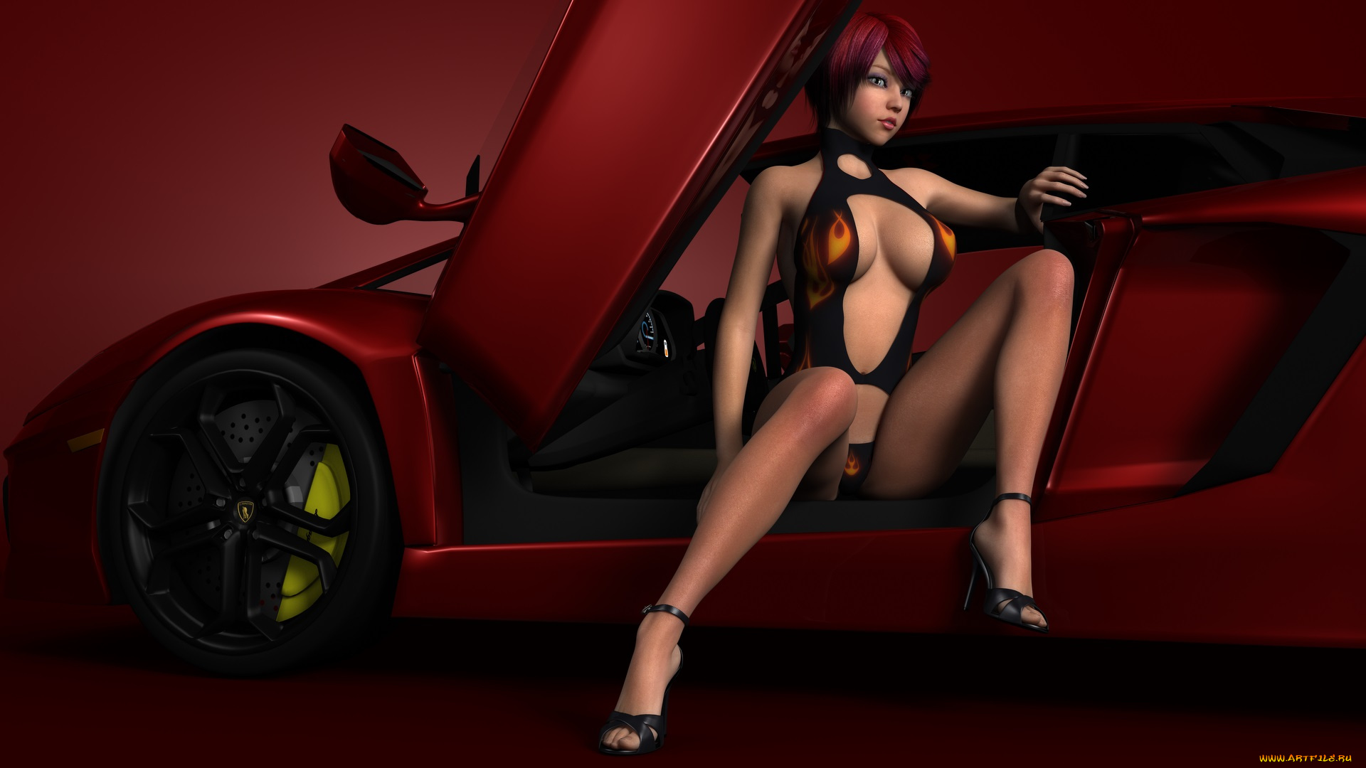 автомобили, 3d, car&girl, девушка, взгляд, фон, автомобиль, рыжая