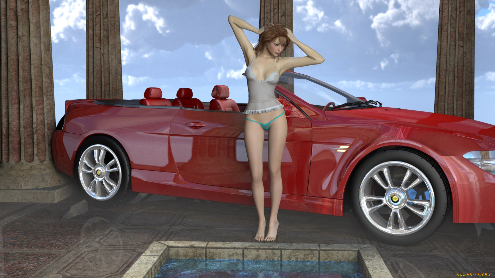 автомобили, 3d, car&girl, автомобиль, фон, девушка, взгляд