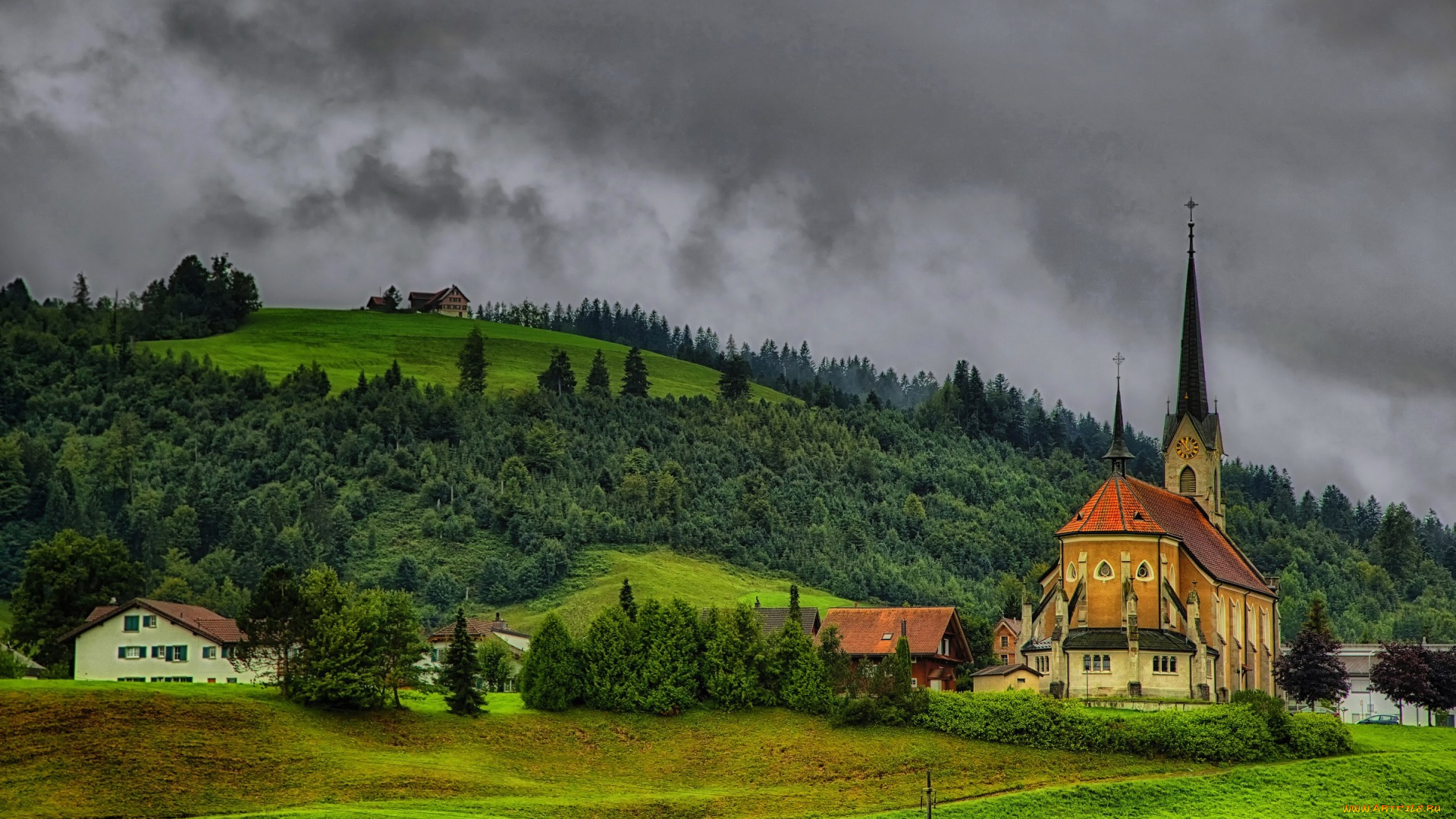 города, -, католические, соборы, , костелы, , аббатства, поля, hdr, einsiedeln, леса, швейцария, церковь, дома, деревья, склон, холмы