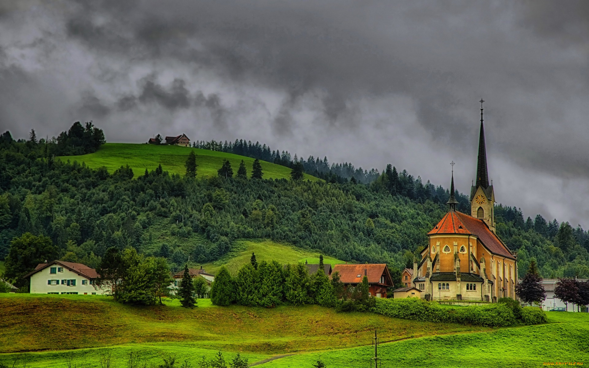 города, -, католические, соборы, , костелы, , аббатства, поля, hdr, einsiedeln, леса, швейцария, церковь, дома, деревья, склон, холмы