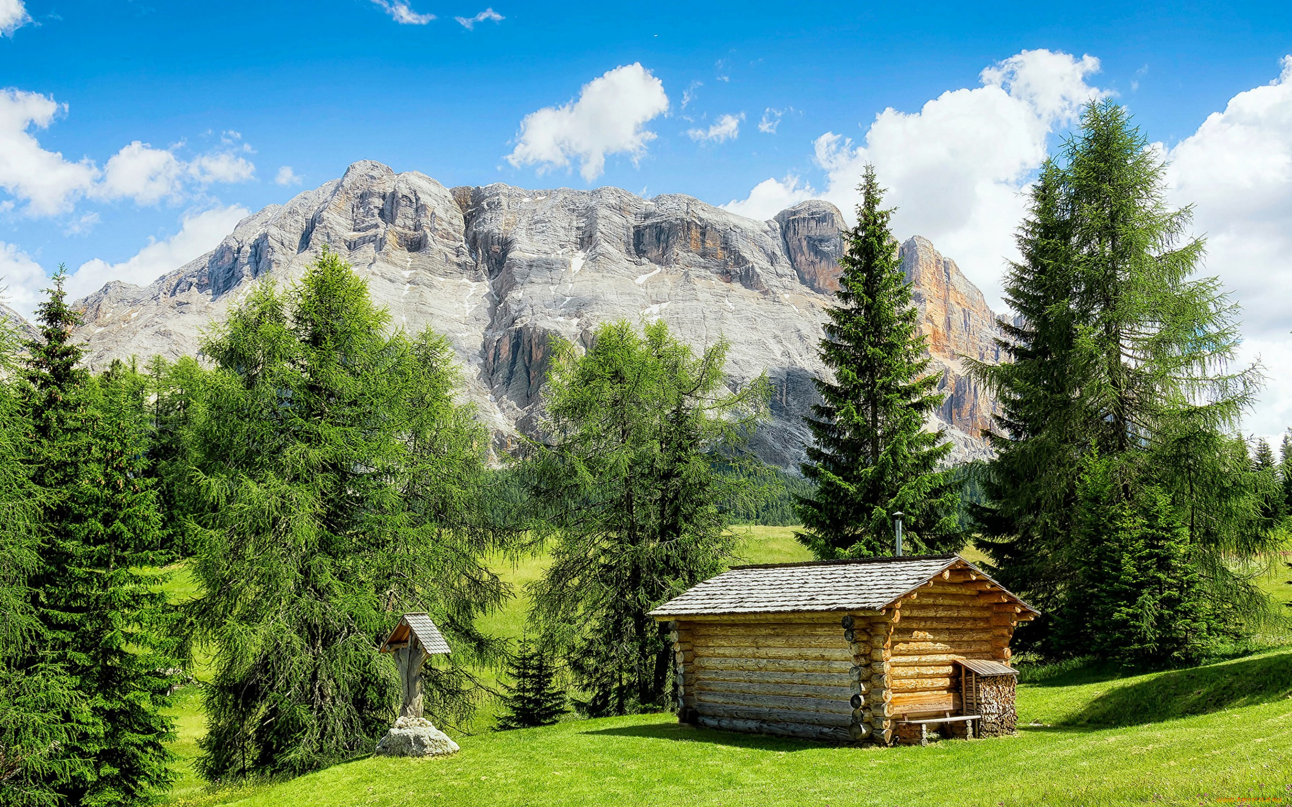 природа, горы, деревья, италия, la, valle, трава, поле, скалы, изба, дом, облака, небо, солнце