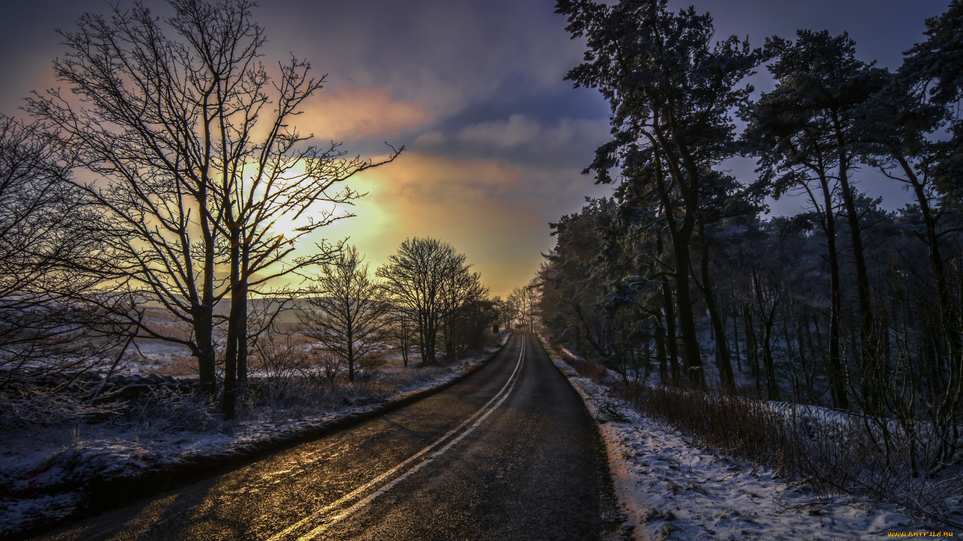 природа, дороги, зима, ночь, дорога
