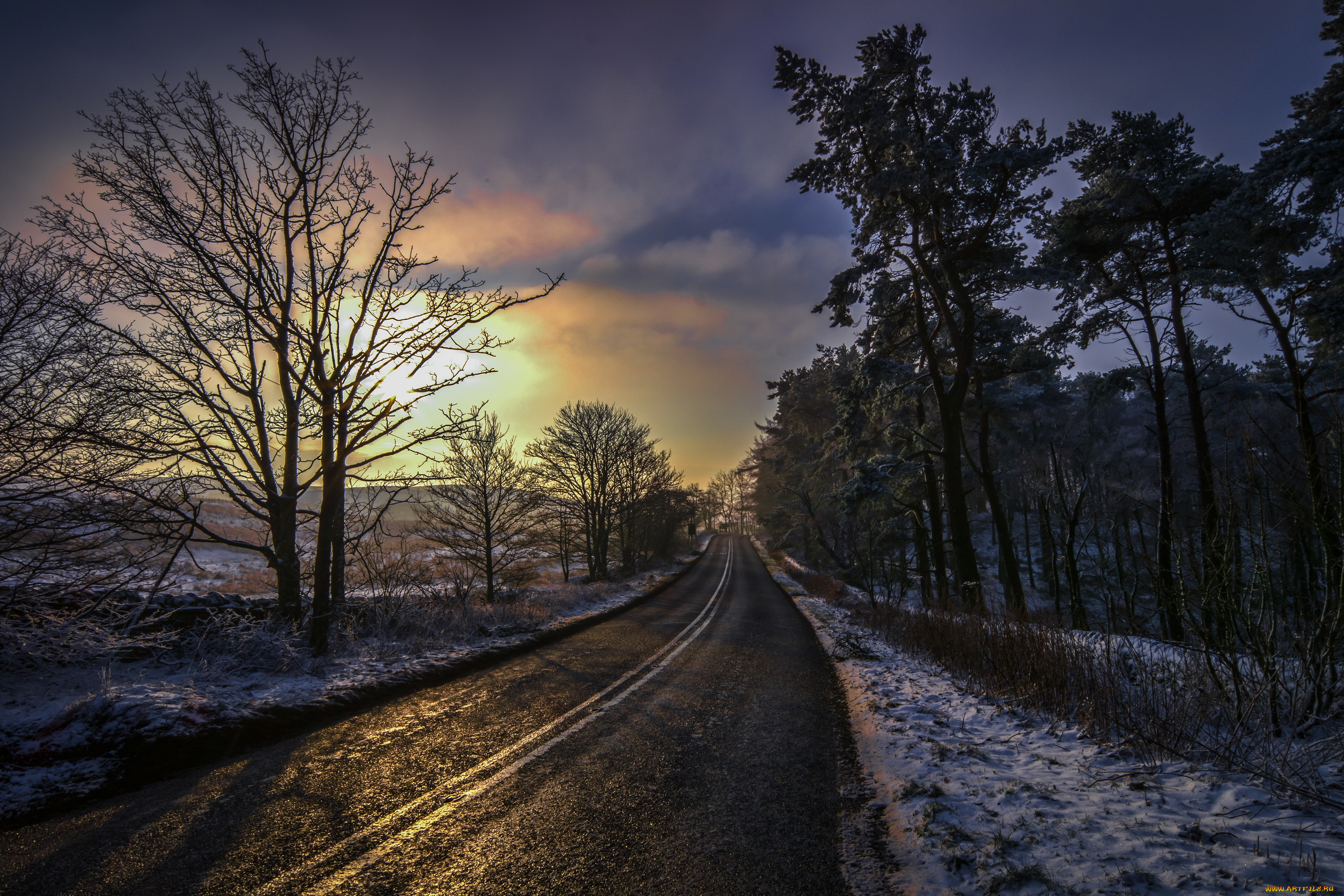 природа, дороги, зима, ночь, дорога