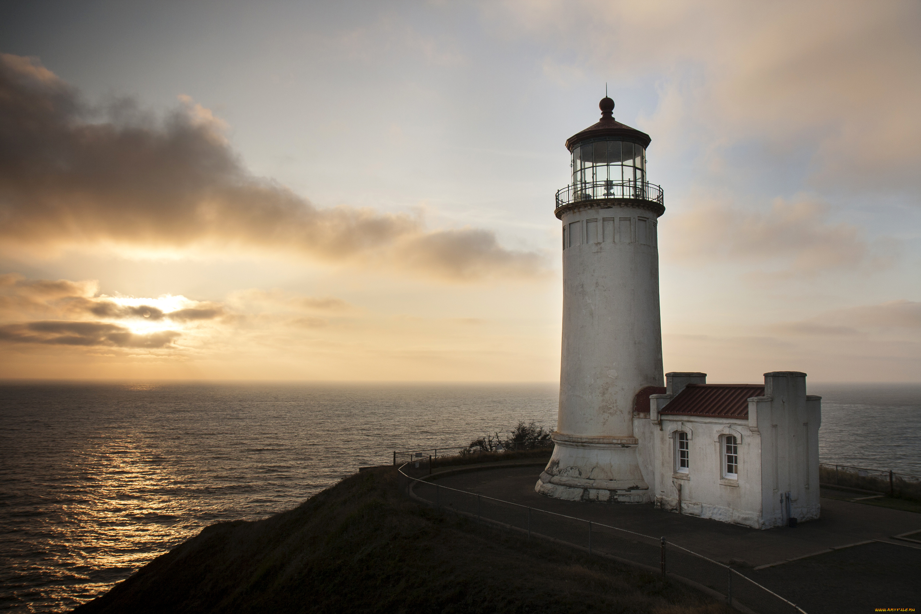 природа, маяки, закат, вашингтон, море, cape, disappointment, lighthouse, мыс, маяк, даль, сша, горизонт