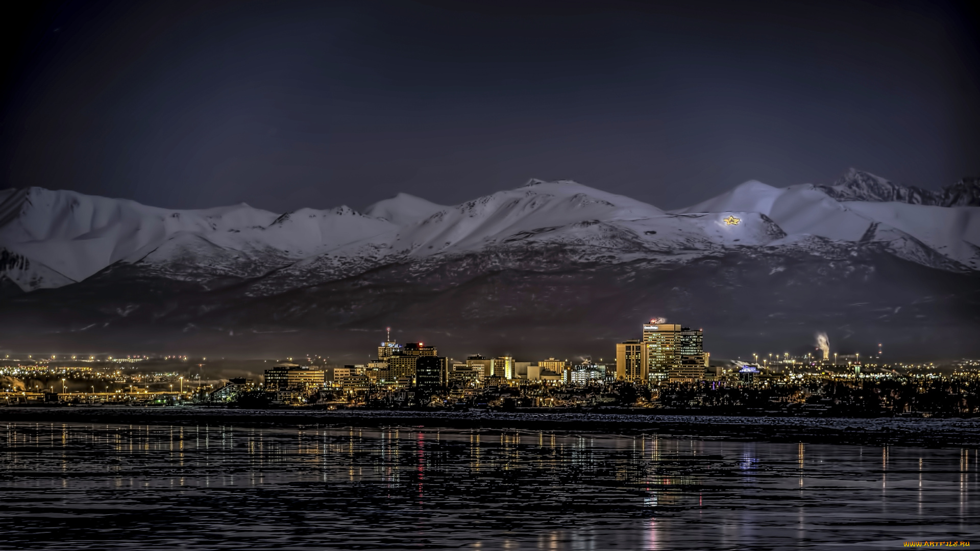 anchorage-alaska, города, -, огни, ночного, города, америка, северная, огни, горы, пейзаж, город, отражение, вечер, alaska, anchorage