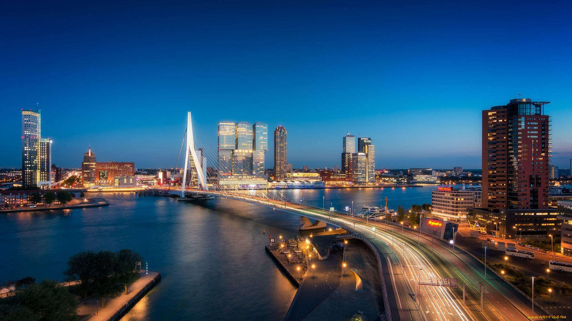 rotterdam, netherlands, города, -, огни, ночного, города