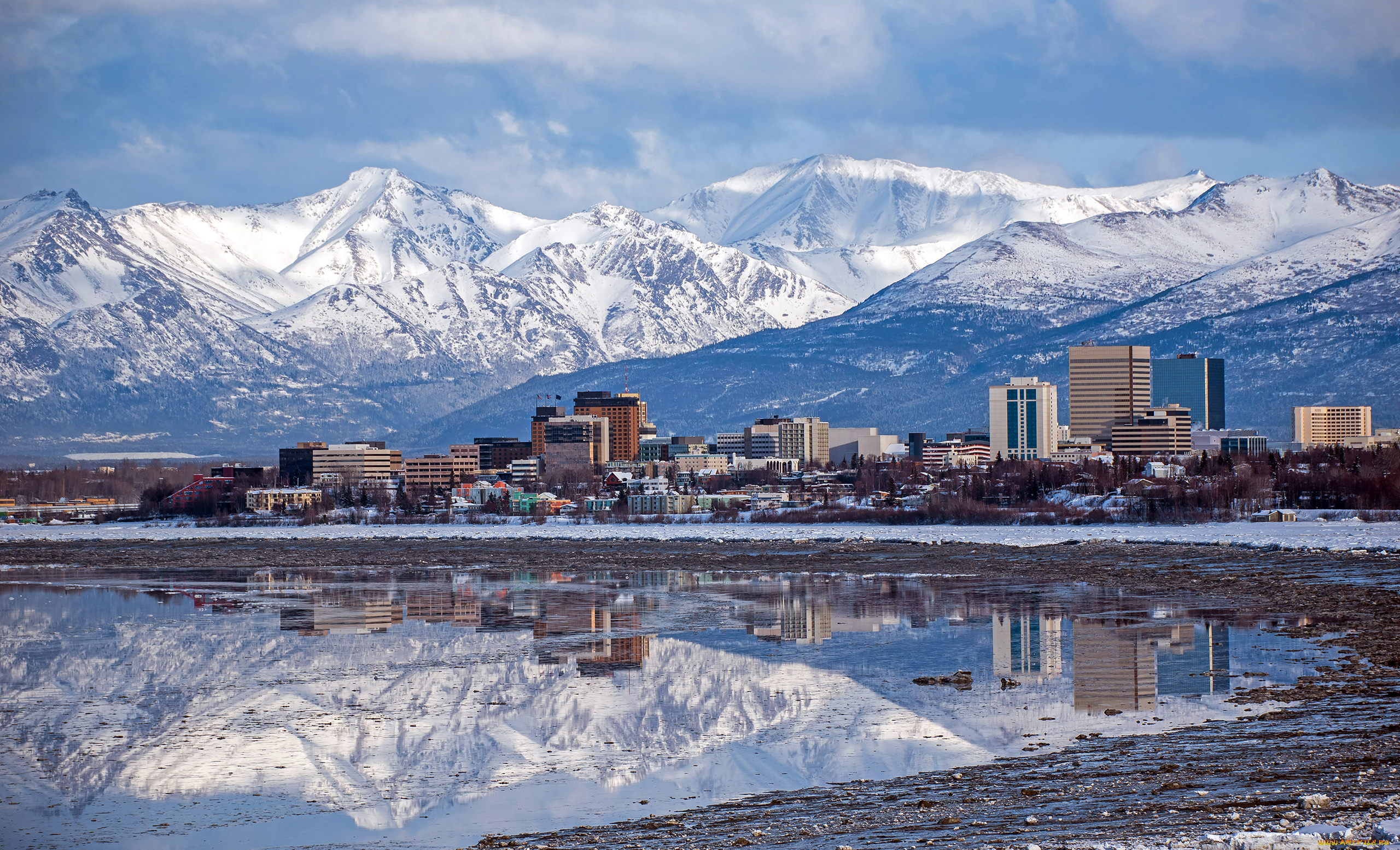 anchorage-alaska, города, -, пейзажи, горы, отражение, северная, америка, пейзаж, alaska, anchorage, город